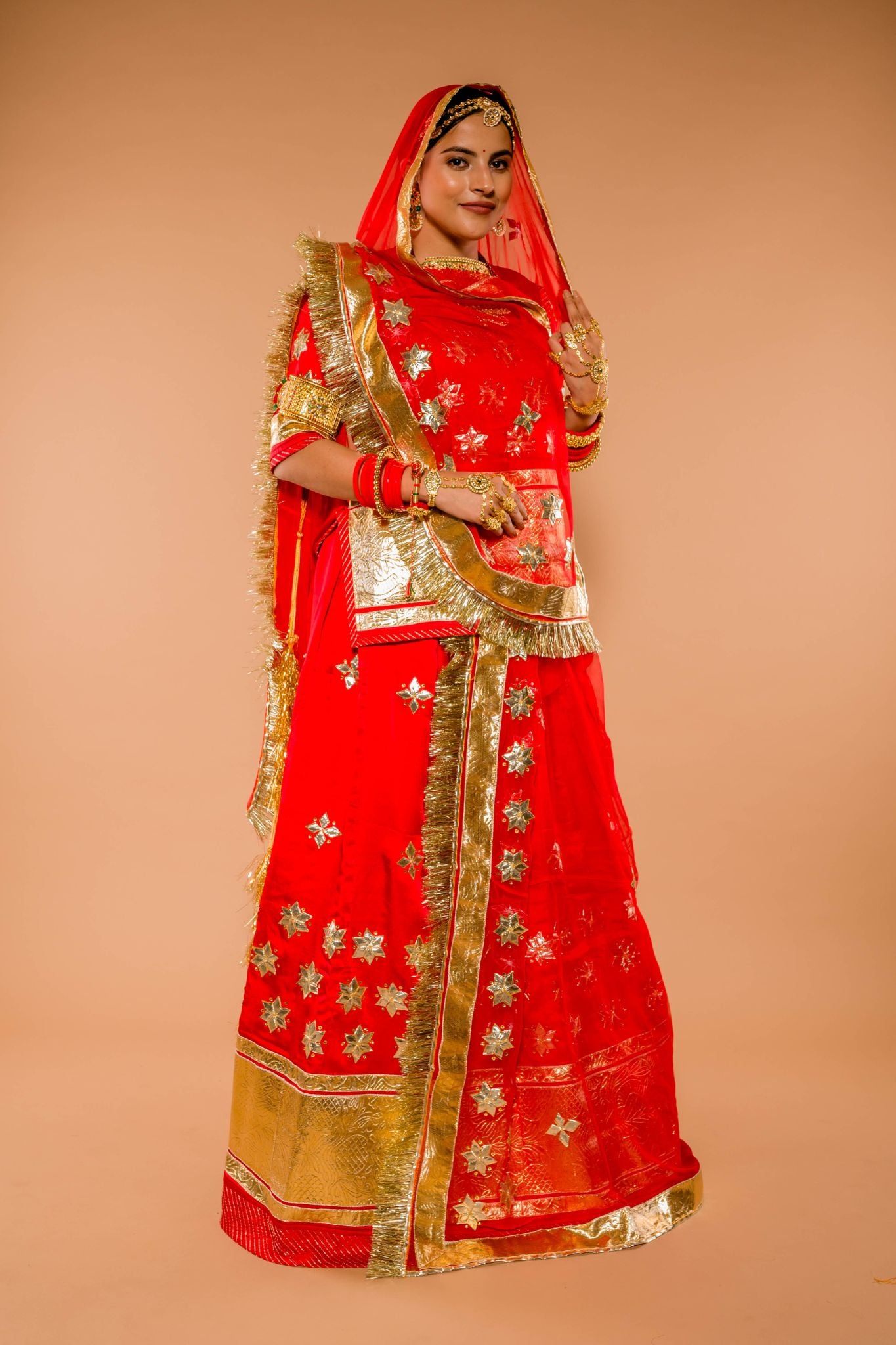 red bamber satin laffa gota patti handwork poshak with pure odhna