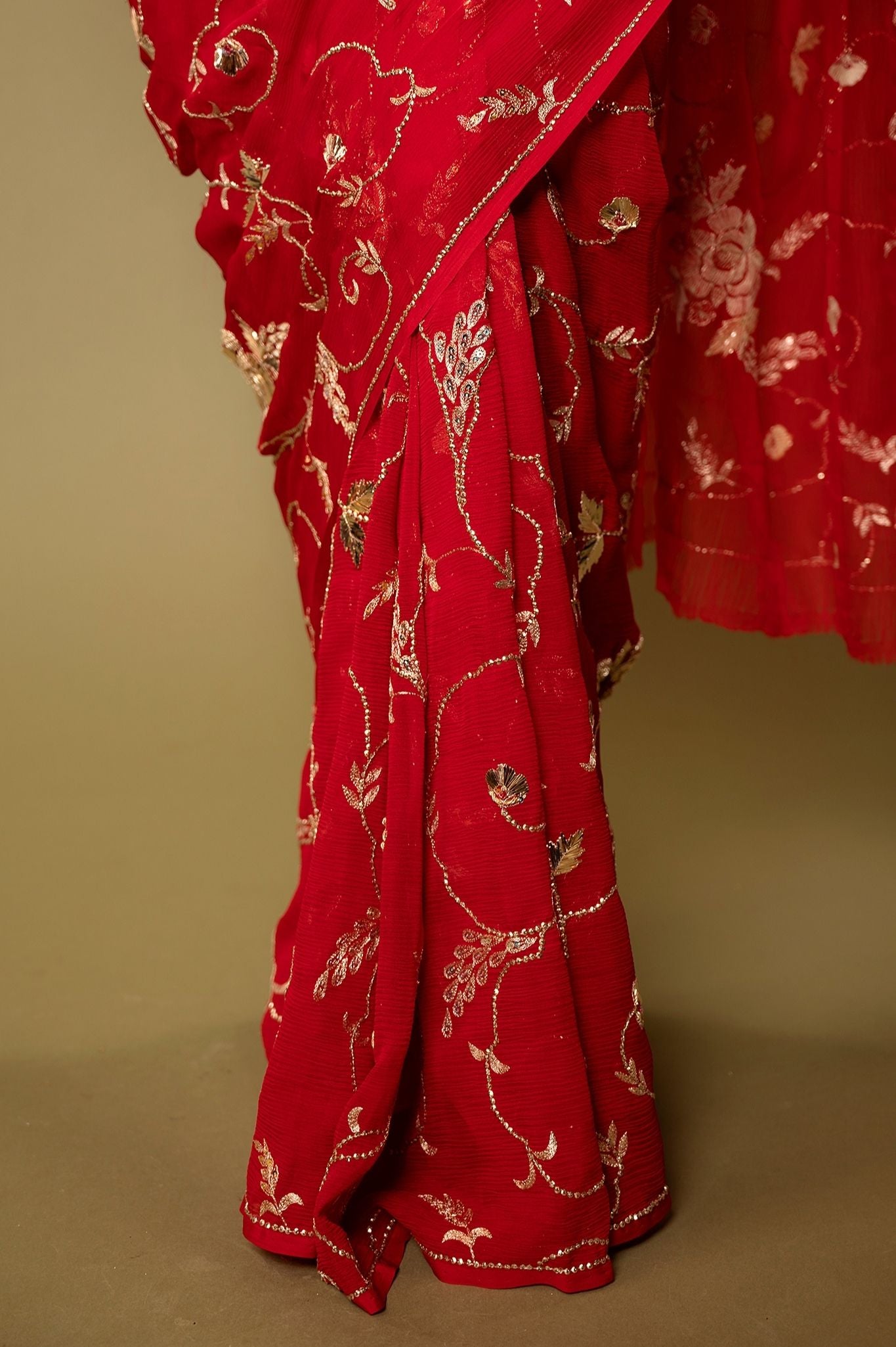 Red Pure chiffon Aari sequins  badla jaal handwork saree