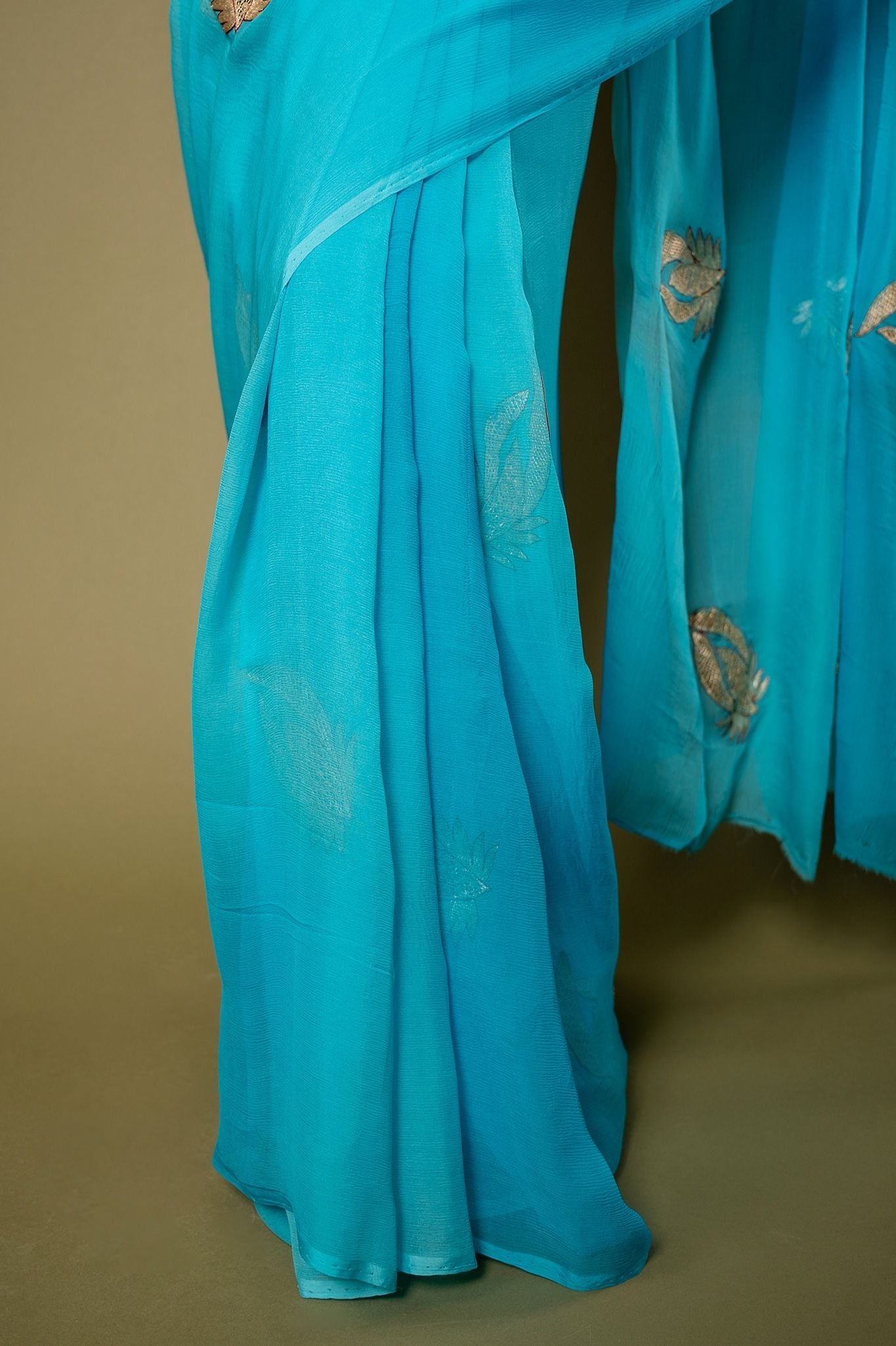 Sky Blue Pure Chiffon Aari Cut work Motif Handwork Saree