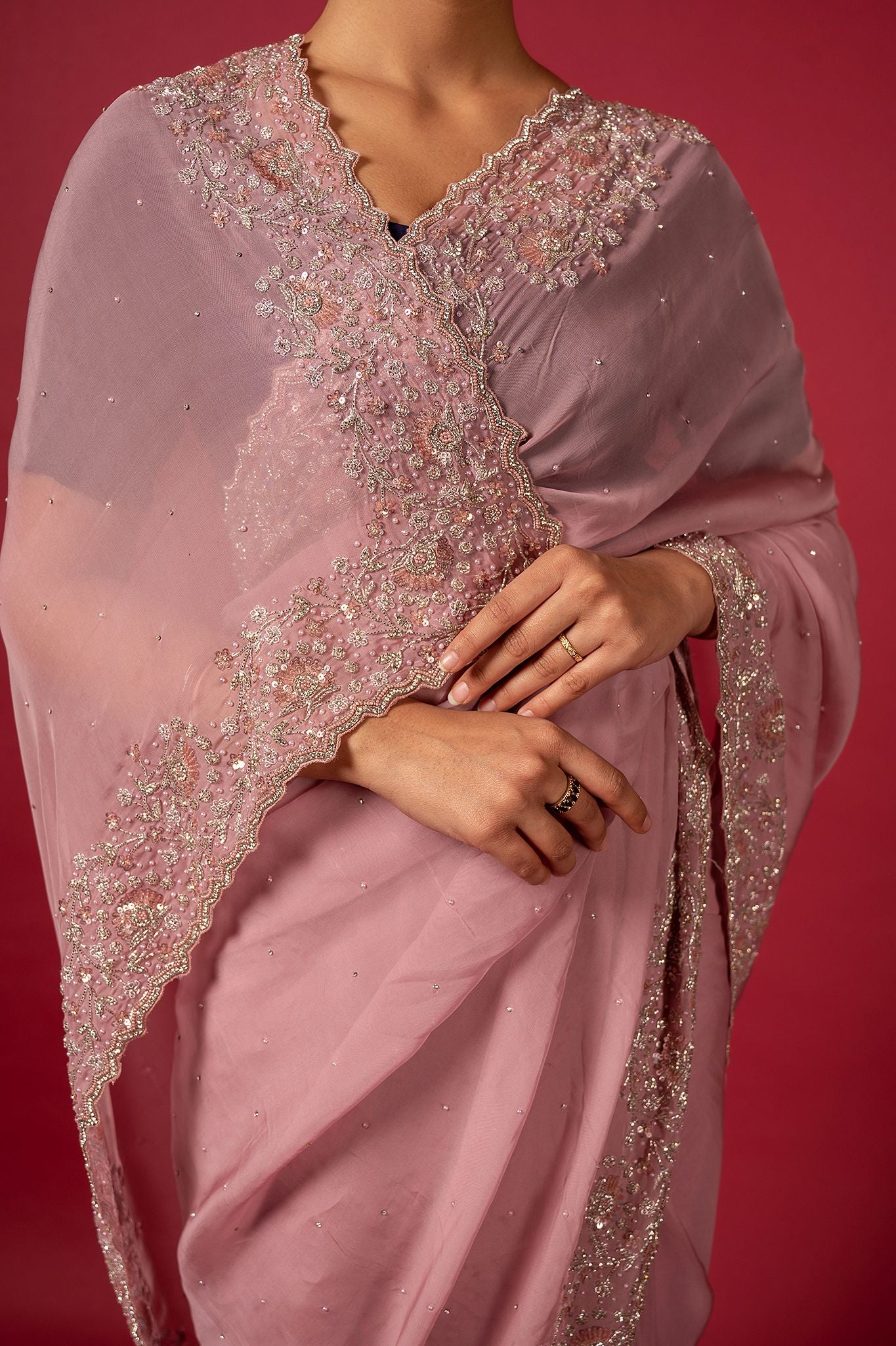 Pink organza  fancy work handwork saree