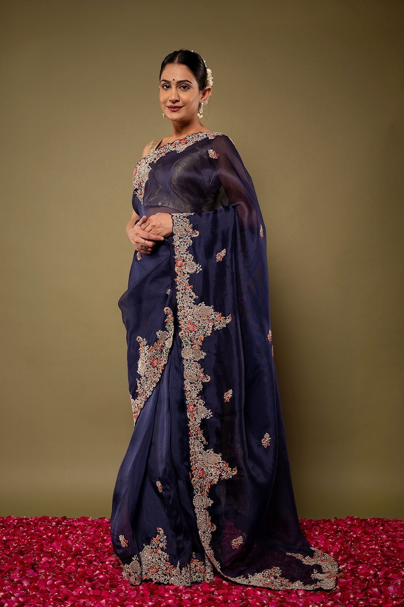Royal Blue pure organza Dapka Marodi Zardozi border butti handwork saree