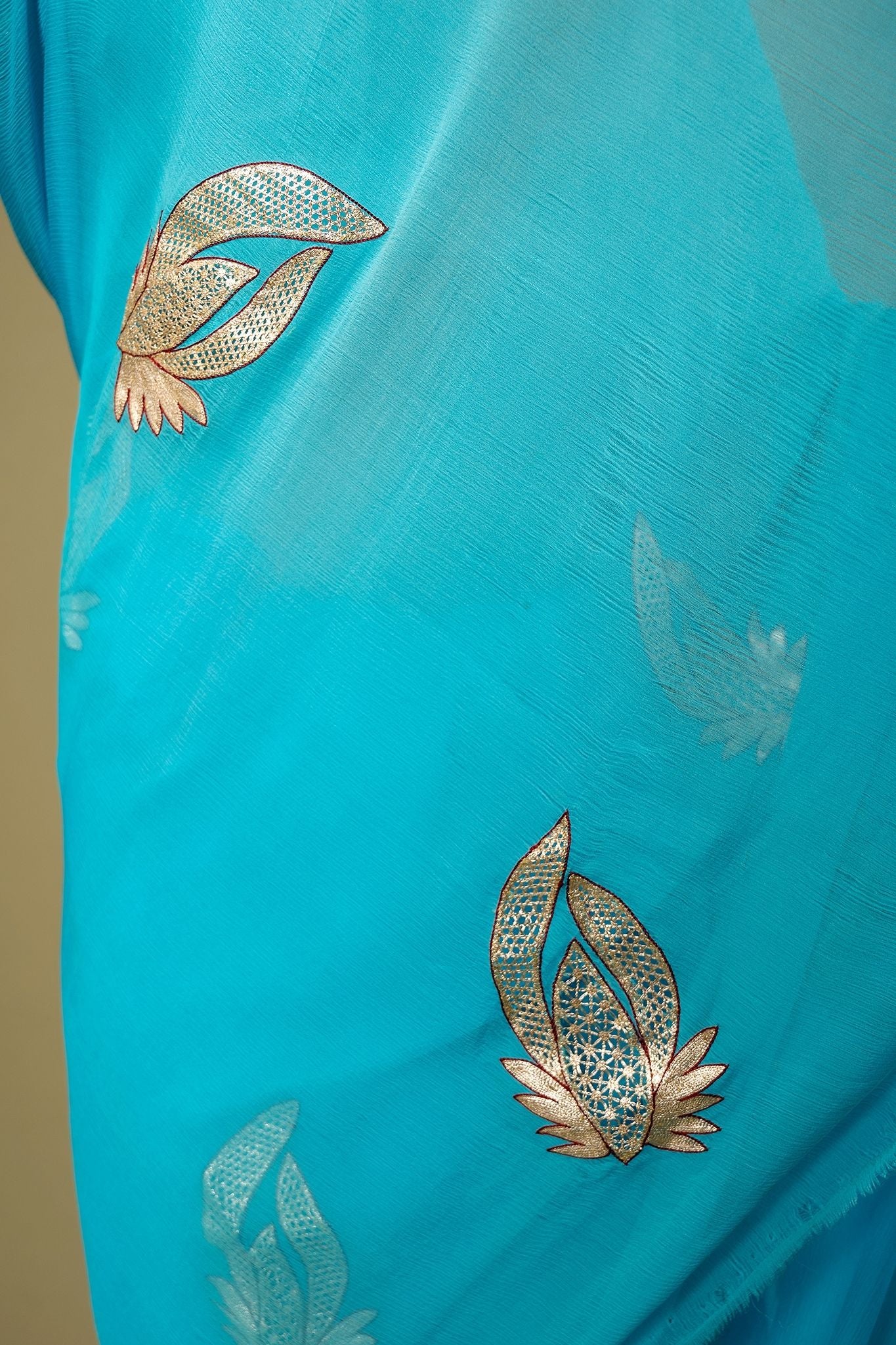 Sky Blue Pure Chiffon Aari Cut work Motif Handwork Saree