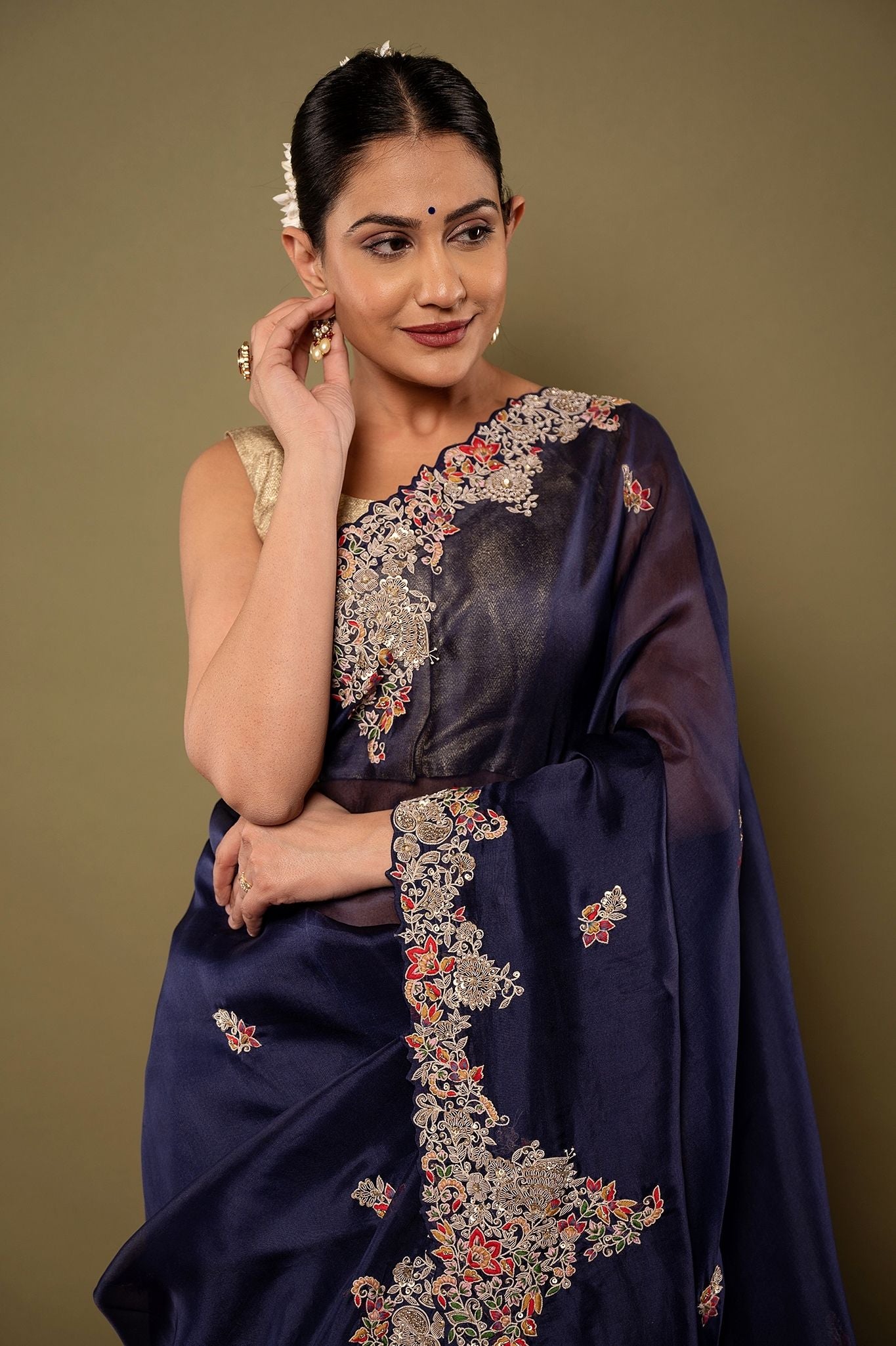 Royal Blue pure organza Dapka Marodi Zardozi border butti handwork saree