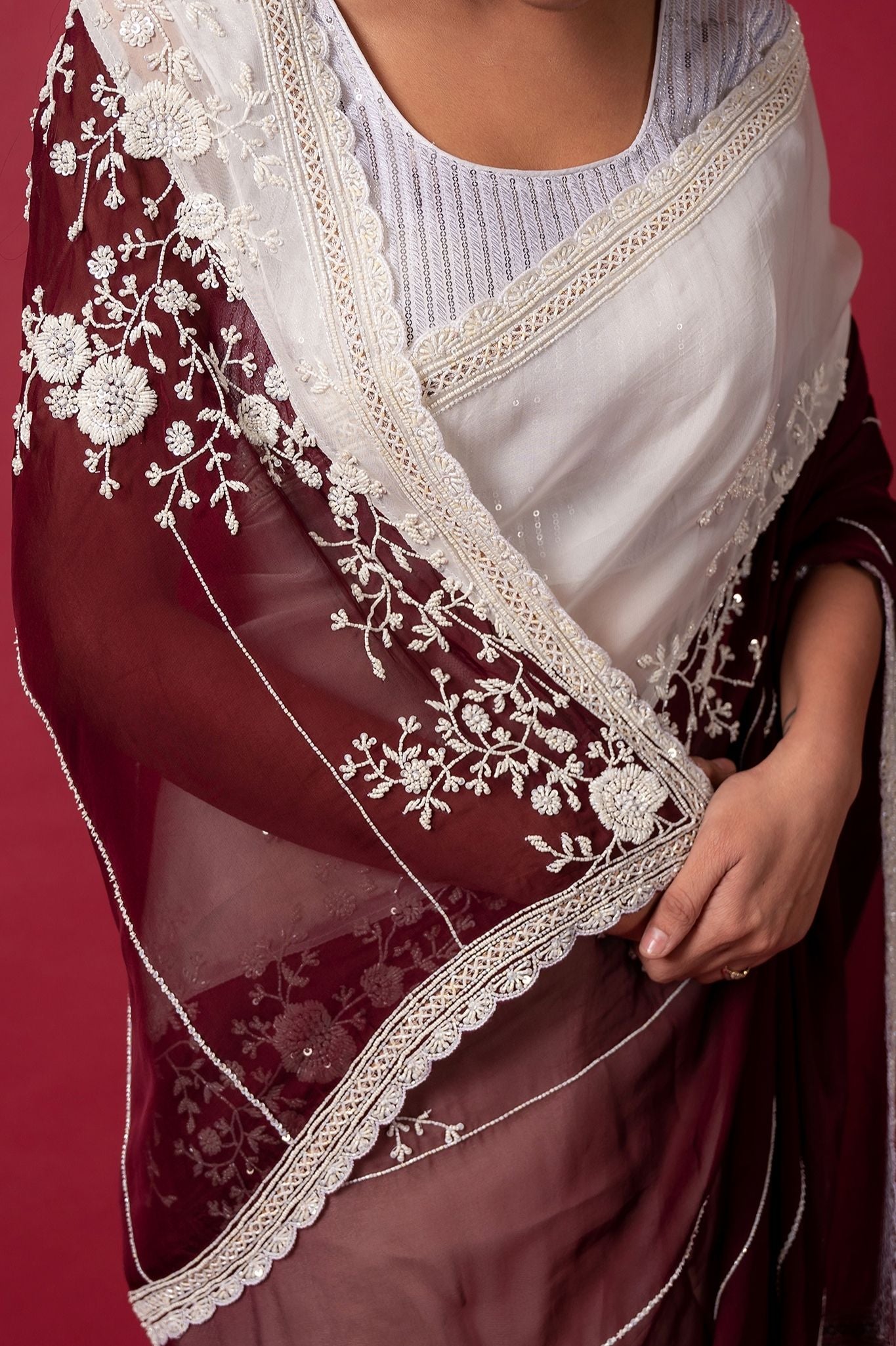 white wine organza  pearl sequins handwork saree