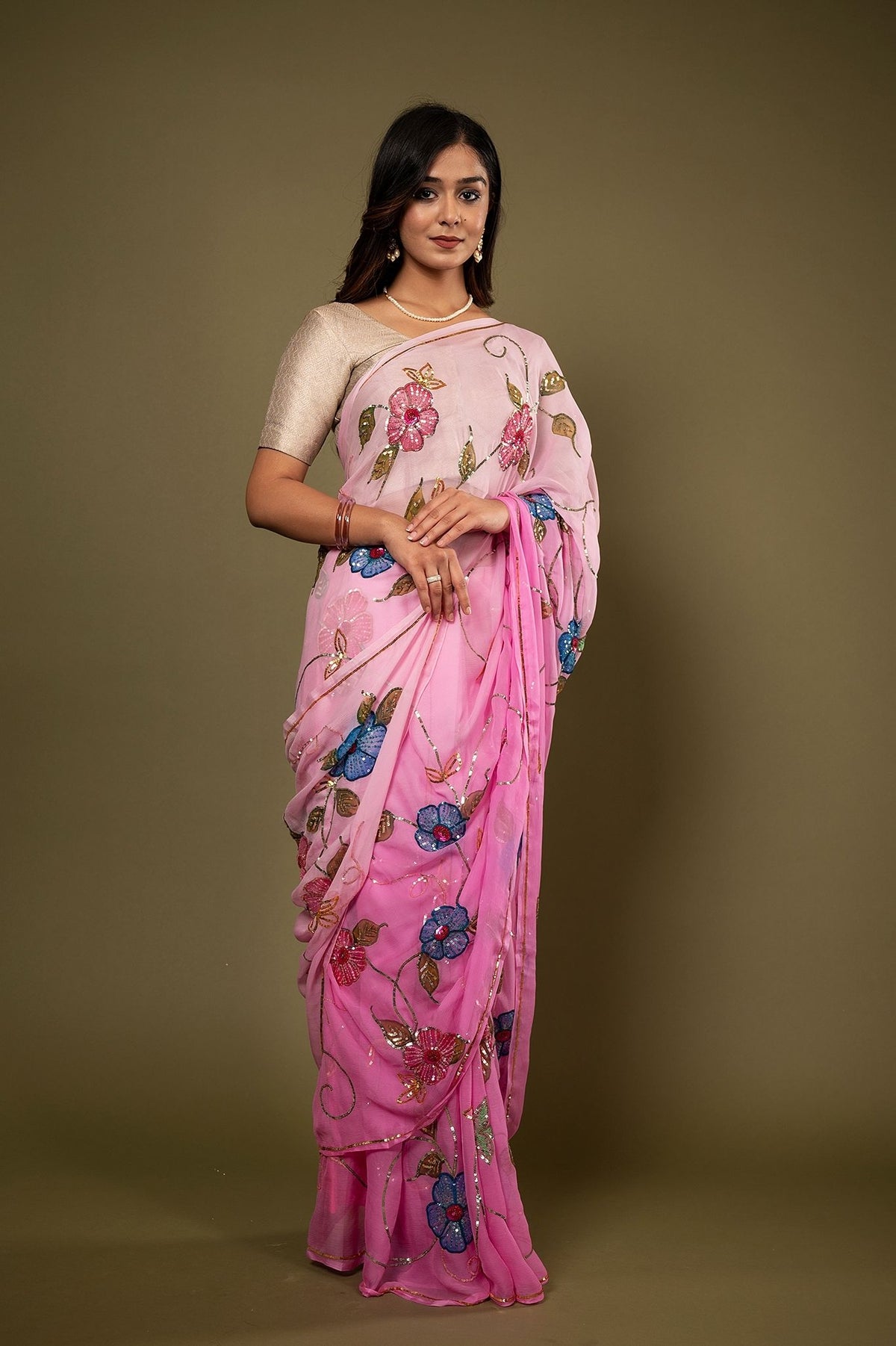 Pure Chiffon Handpainted Siquin Work Saree