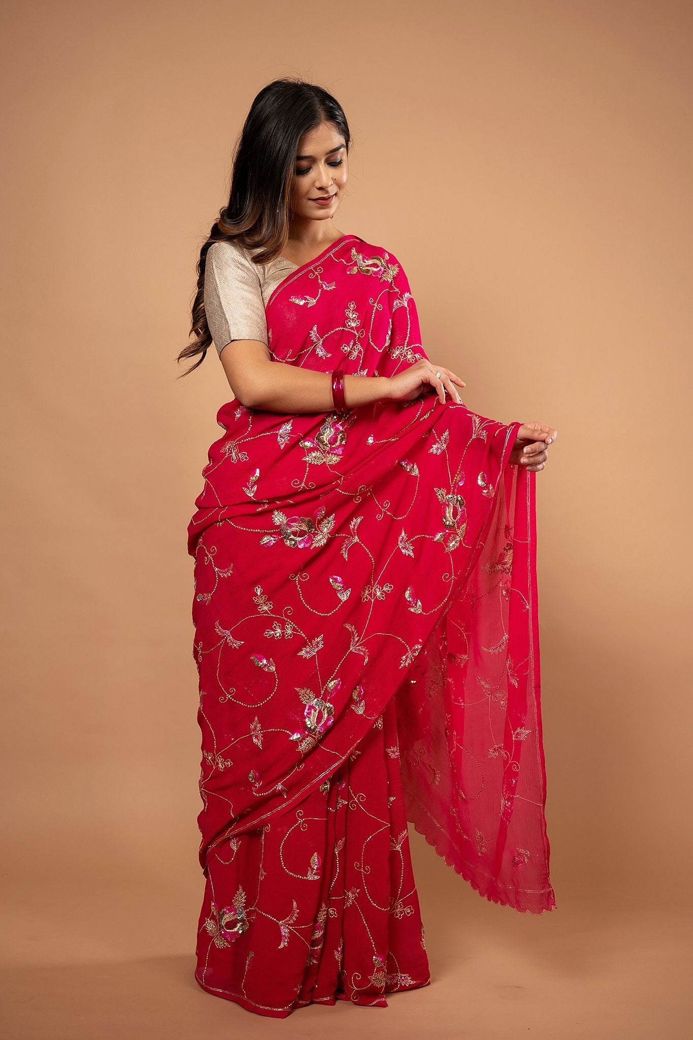Red pure chiffon aari sequins zardozi jaal handwork saree
