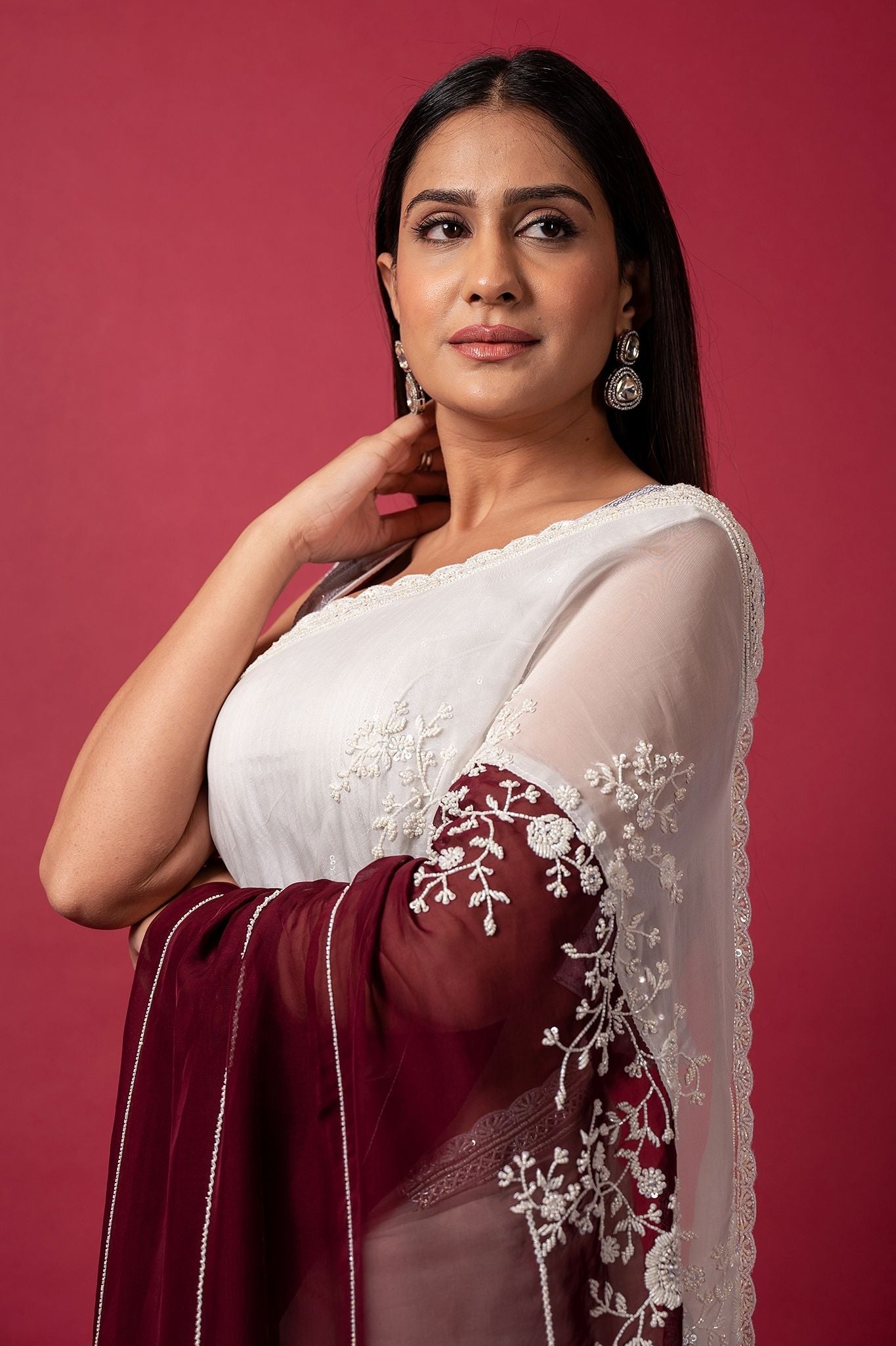 white wine organza  pearl sequins handwork saree