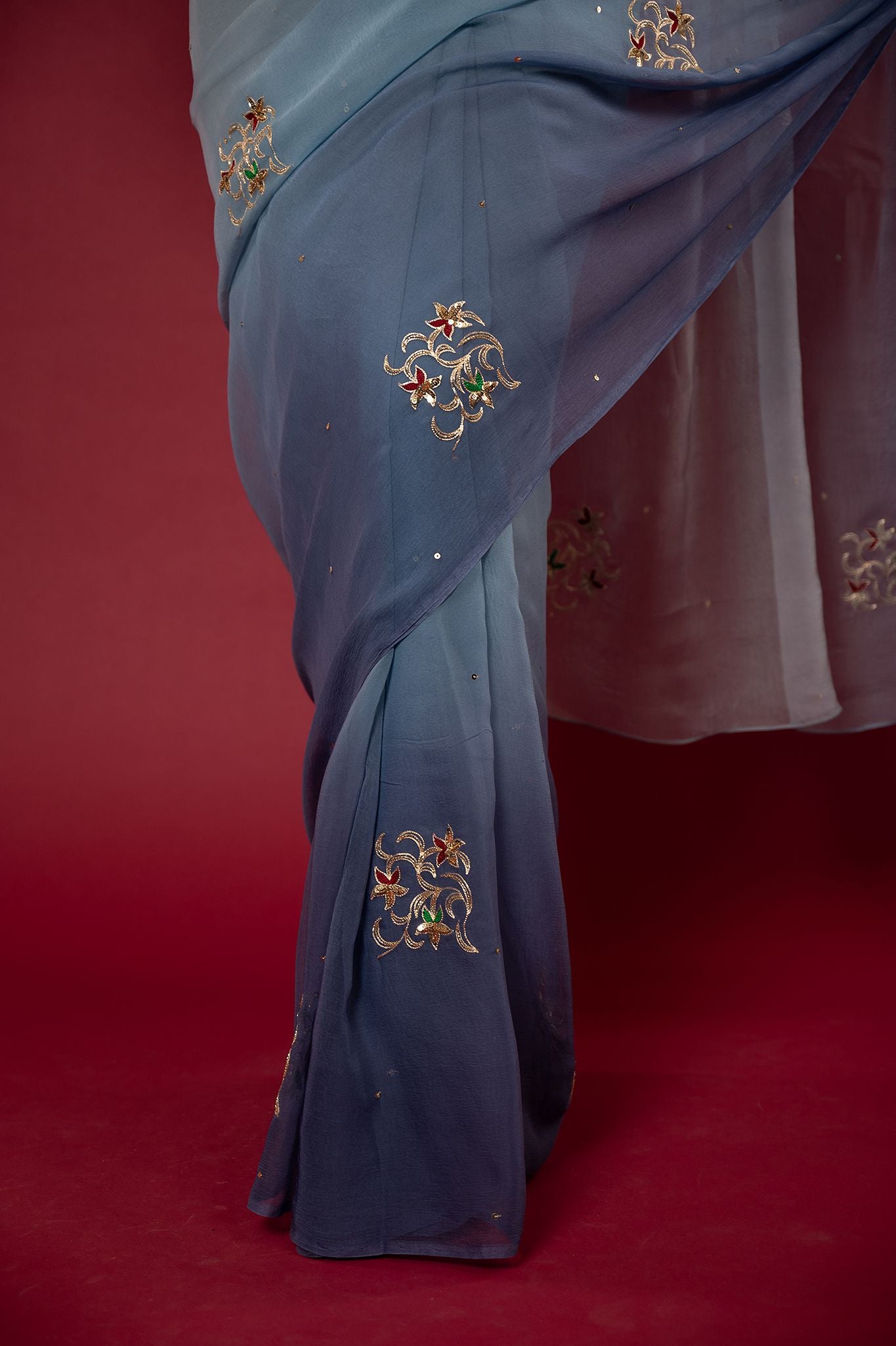 Grey light dark viscose chiffon aari sequins motif handwork casual wear saree