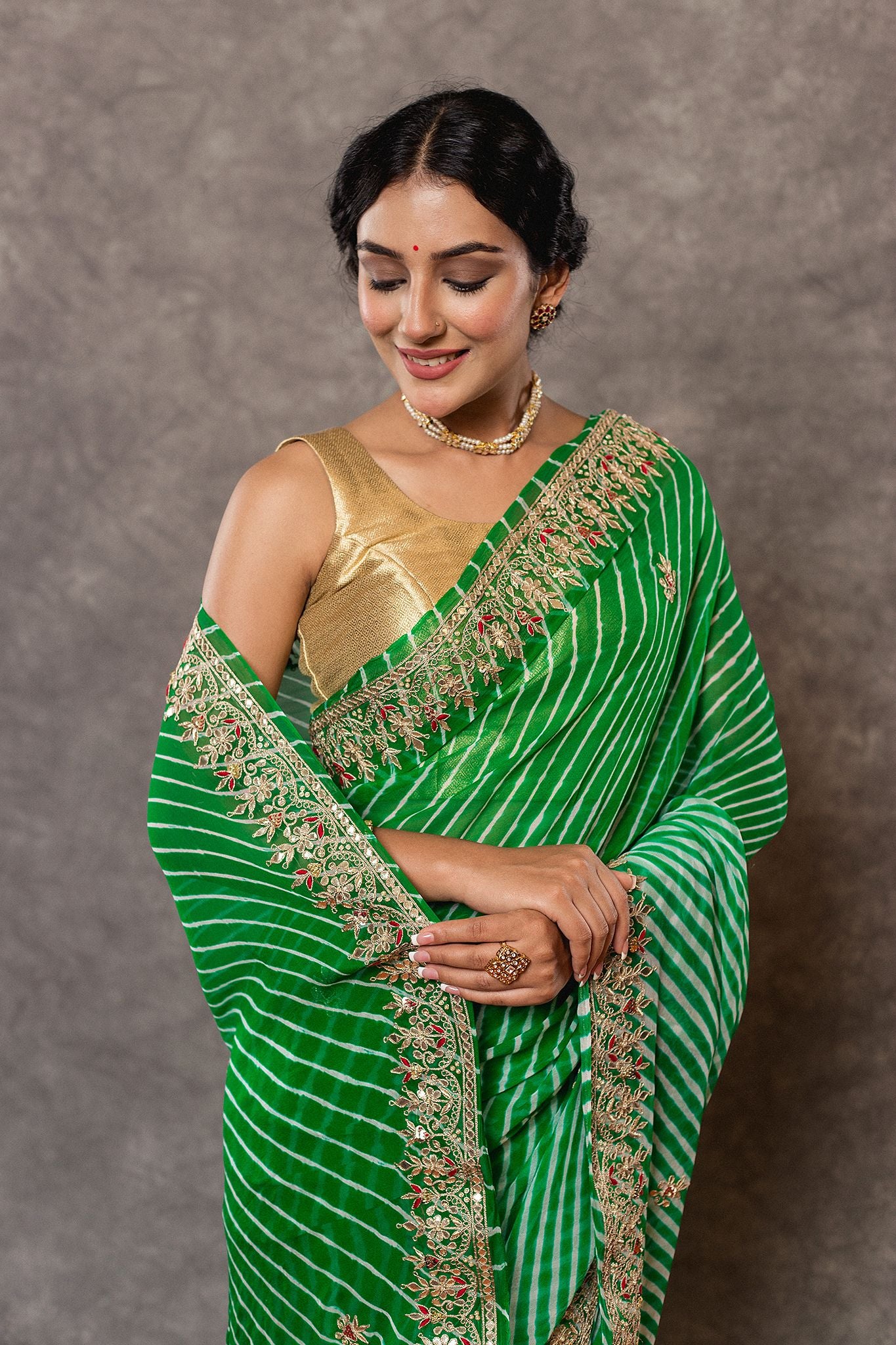 Green lehariya  Pure Georgette 20 Gsm gota pati border butti handwork traditional wear saree