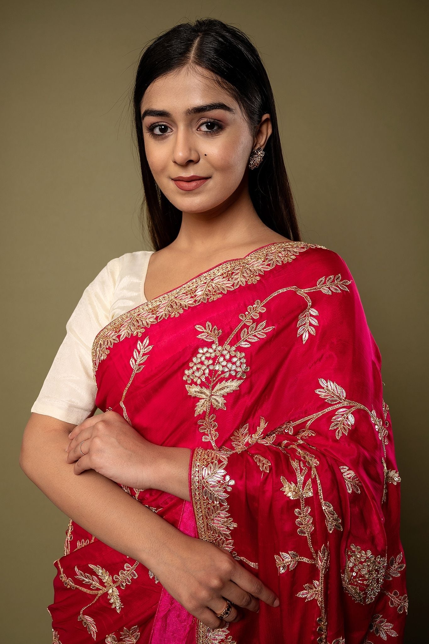 Red Pure Silk Satin aari gotta parti border butti jaal handwork saree