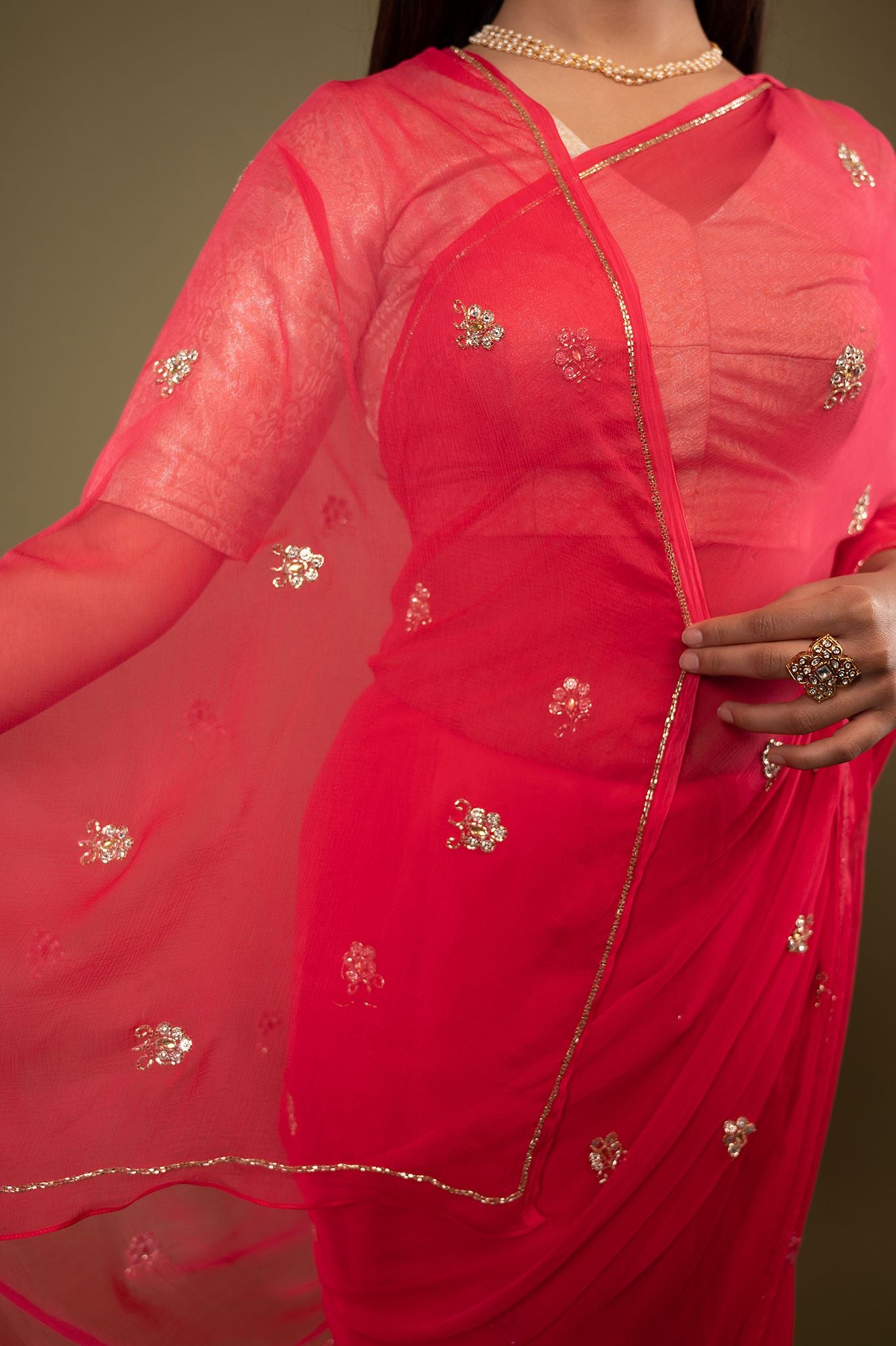 Red  viscose chiffon kardana kundan motif handwork casual wear saree