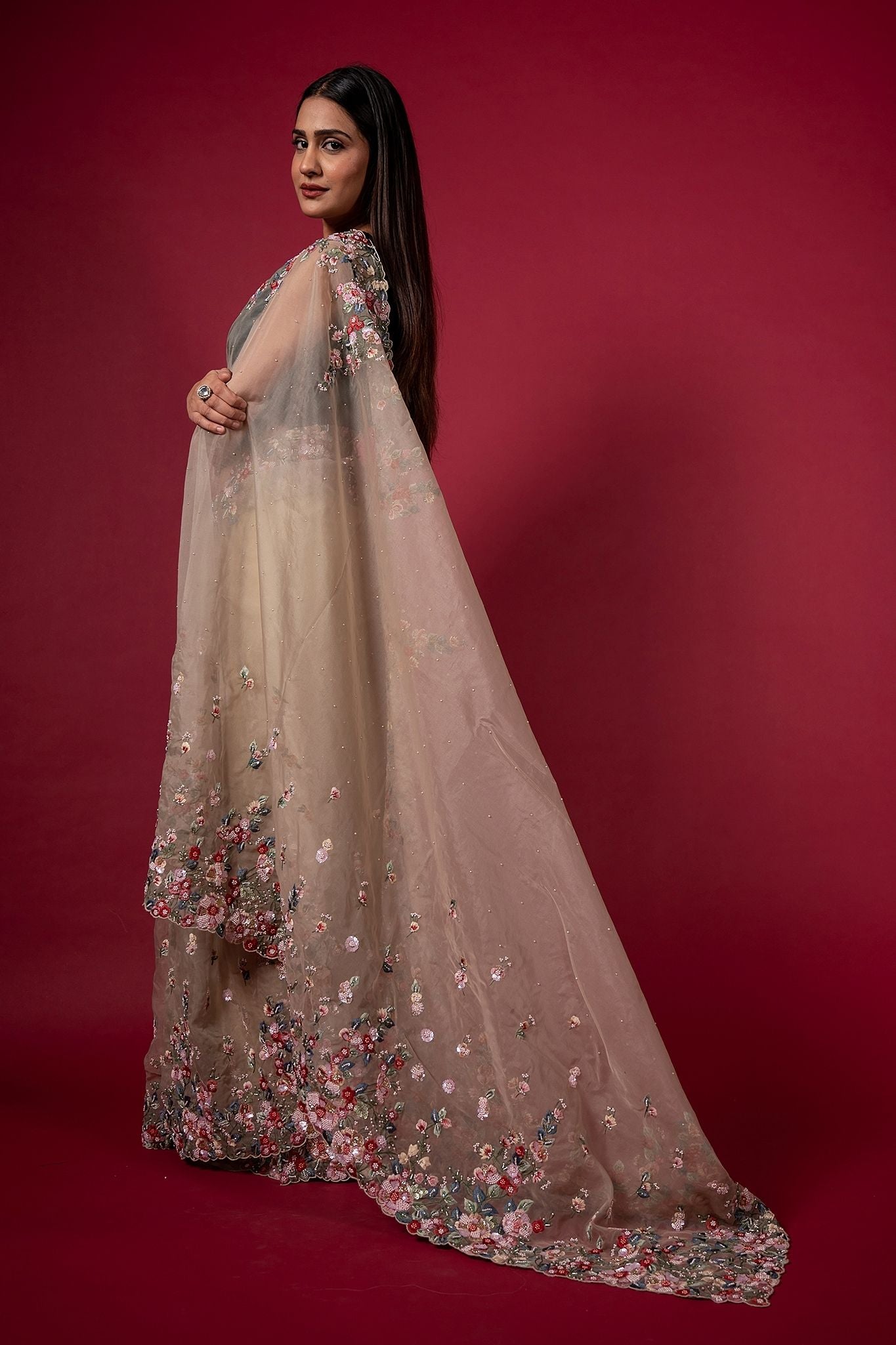 Sand organza  pearl  sequins kardana resham handwork saree