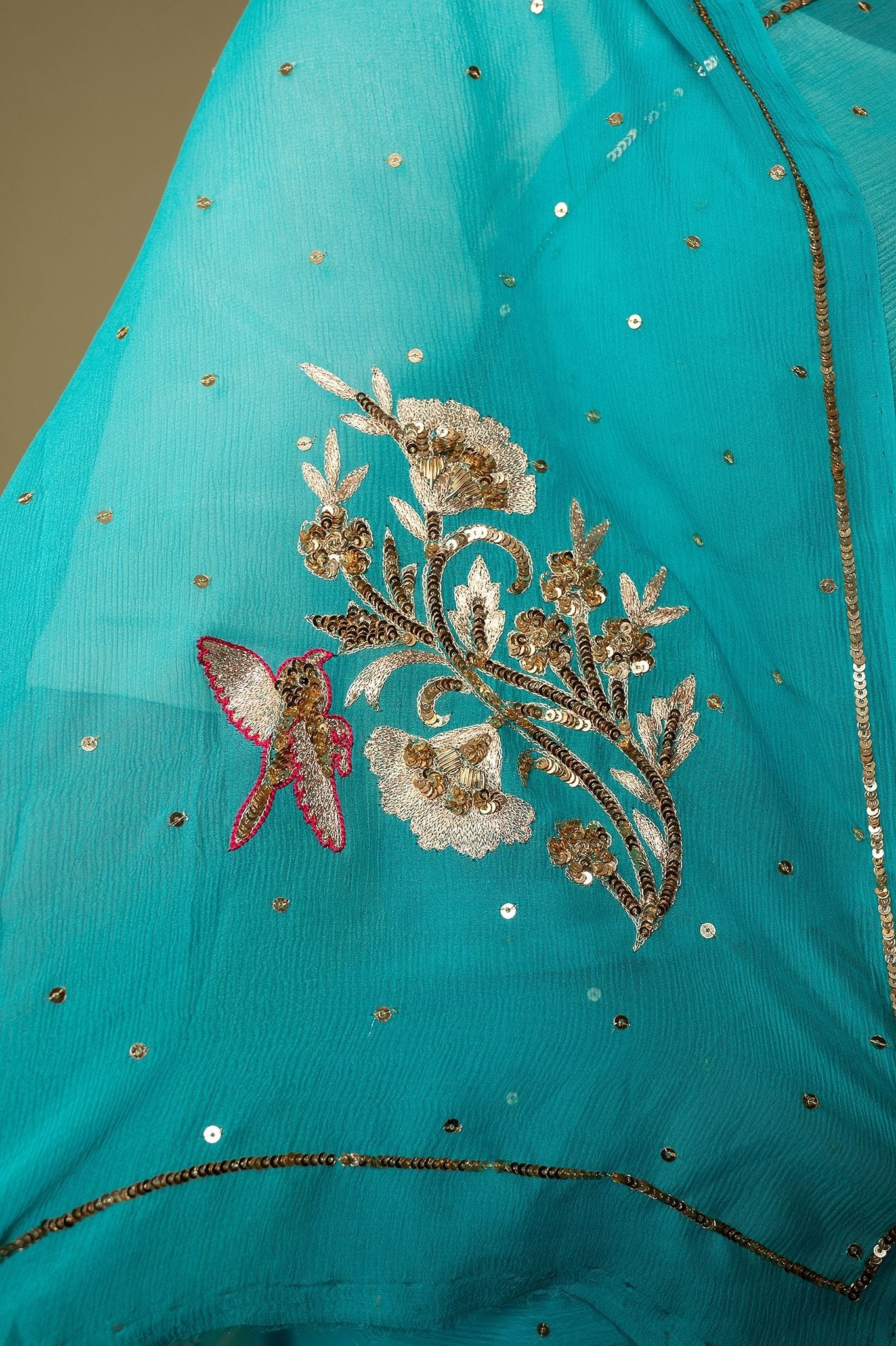 Rama Blue Light dark Pure Chiffon sequins  motif  handwork saree