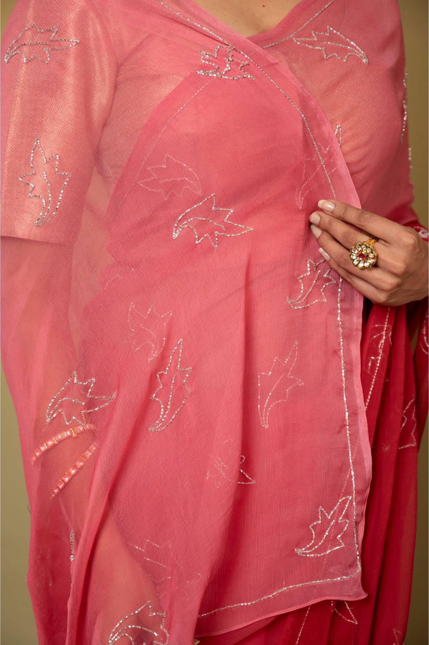 Burgundy red viscose chiffon kardana  handwork casual wear saree