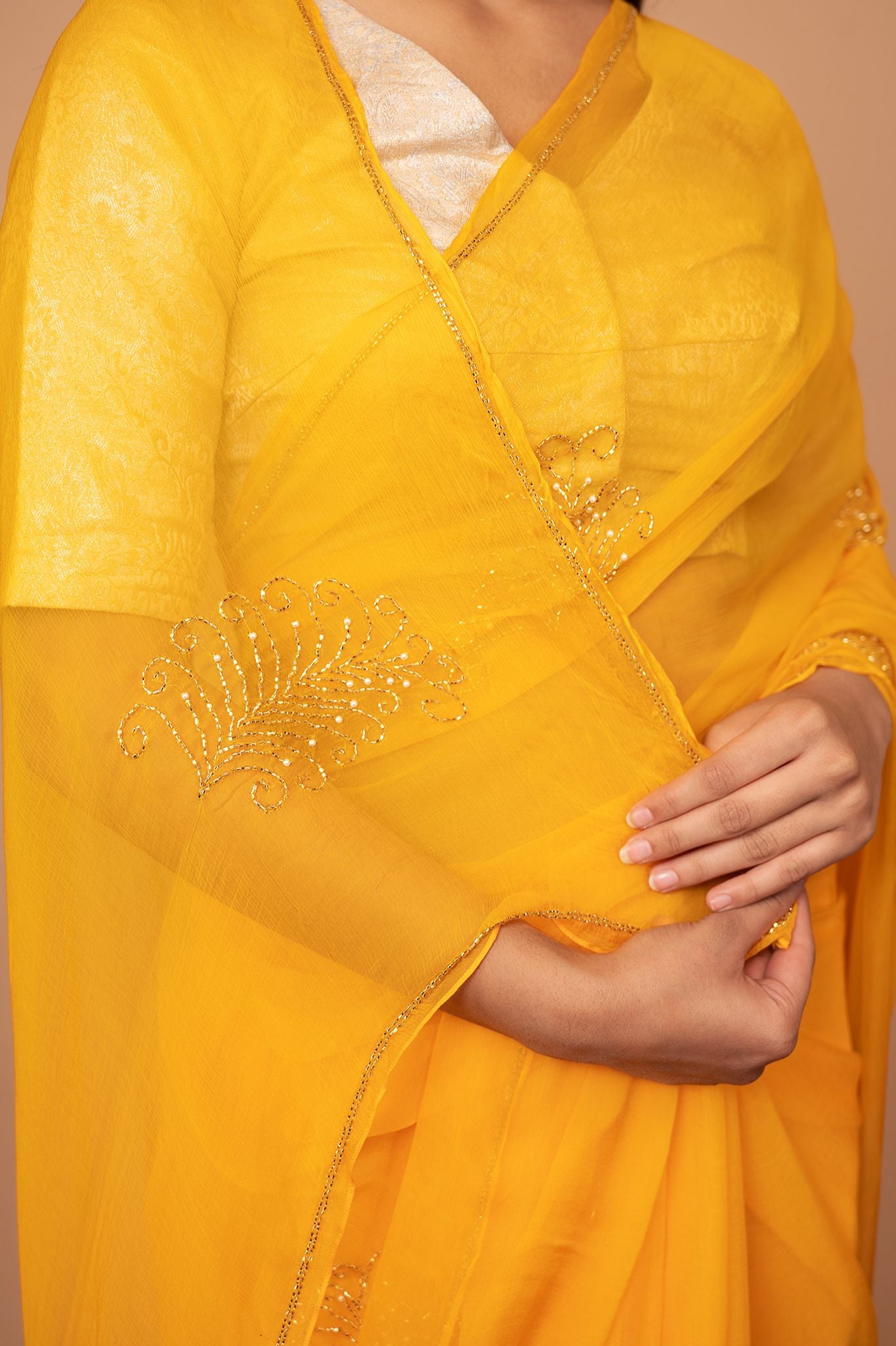 Yellow viscose chiffon kardana motif handwork casual wear saree