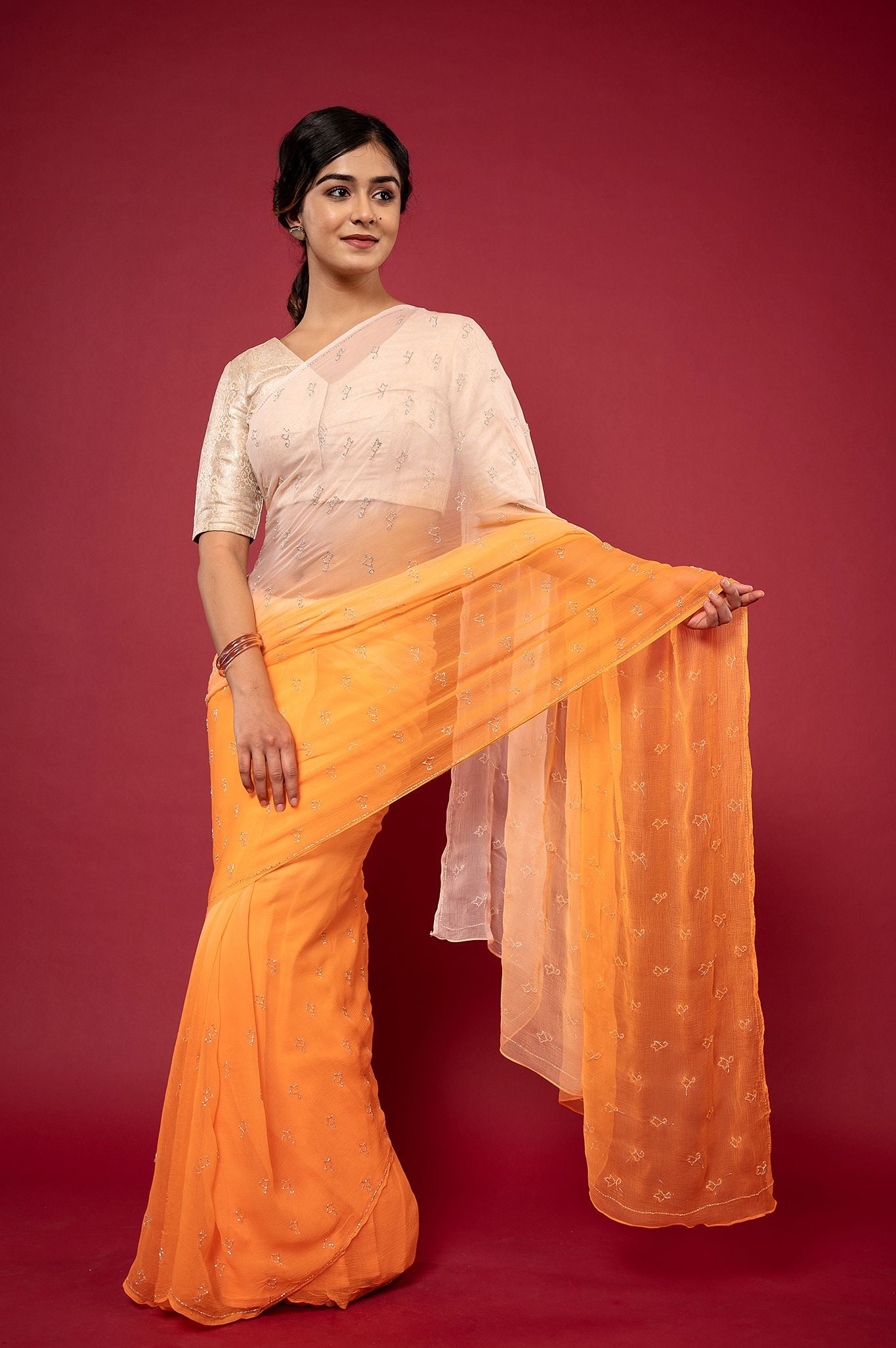 Peach light dark viscose chiffon kardana motif handwork casual wear saree