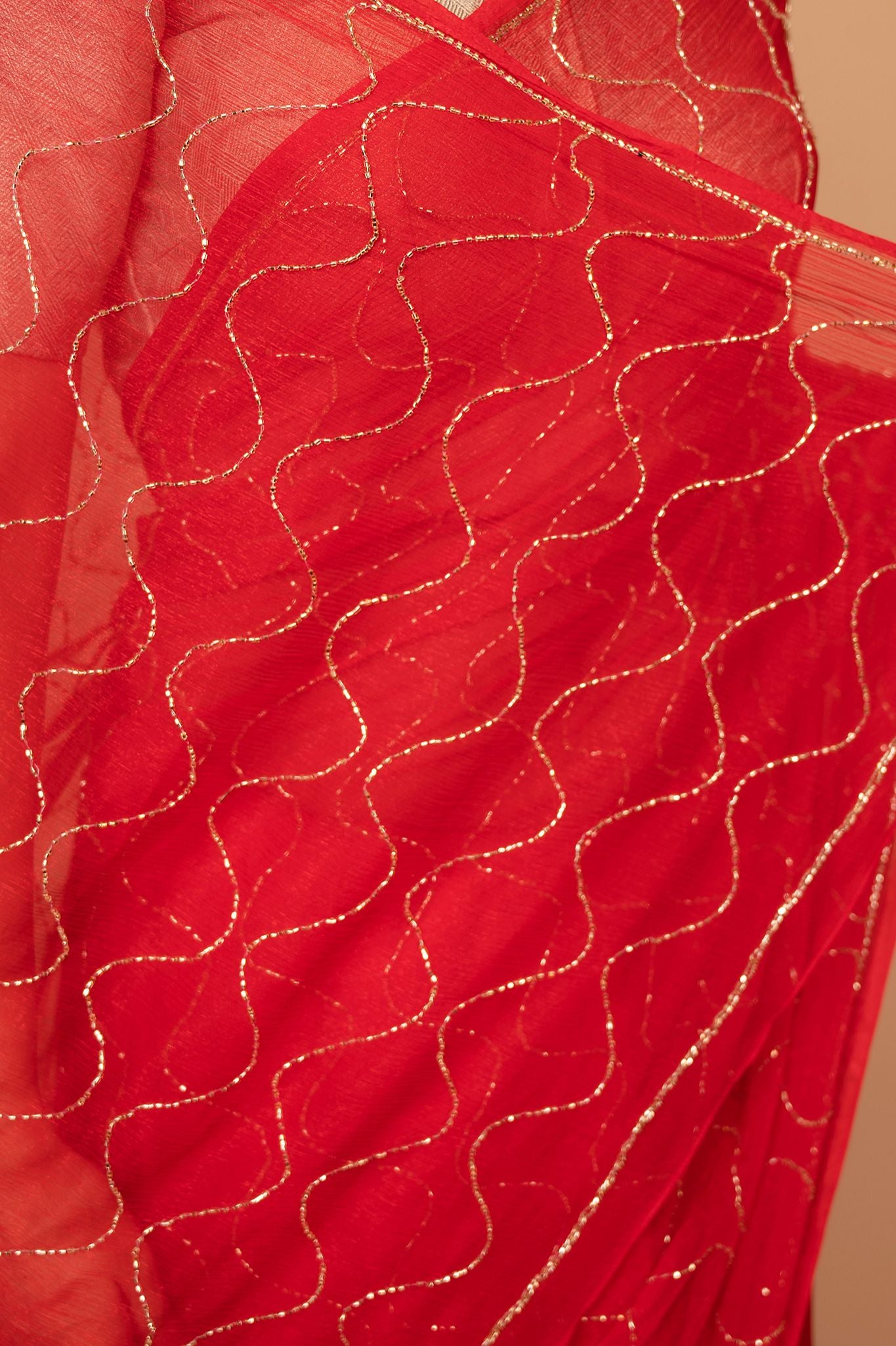 red Viscose Chiffon Kardana jaal  Handwork  Saree