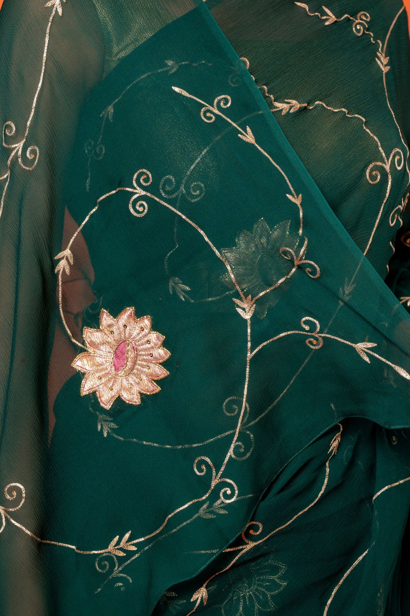 Green pure chiffon chanderi butti aari jaal handwork saree