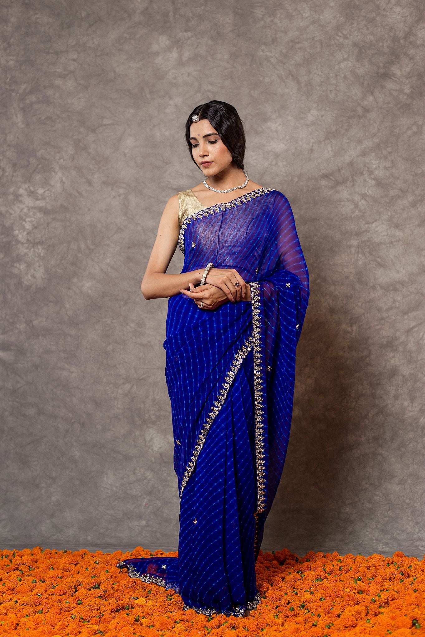 Blue Lehariya Pure Georgette 20 Gsm Kardana sequins  border butti handwork traditional wear saree