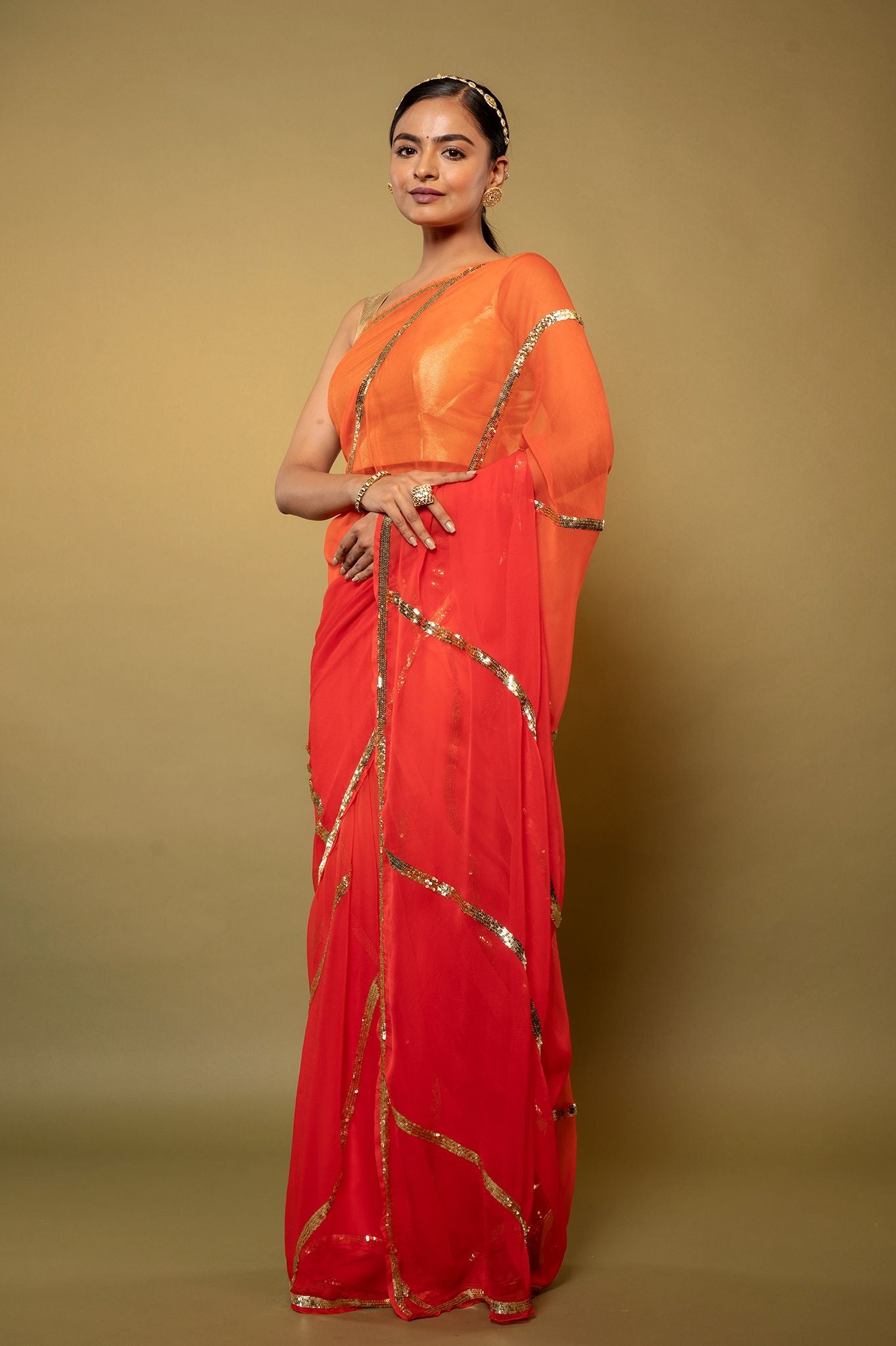 Orange light dark Viscose Chiffon sequins   handwork party wear saree