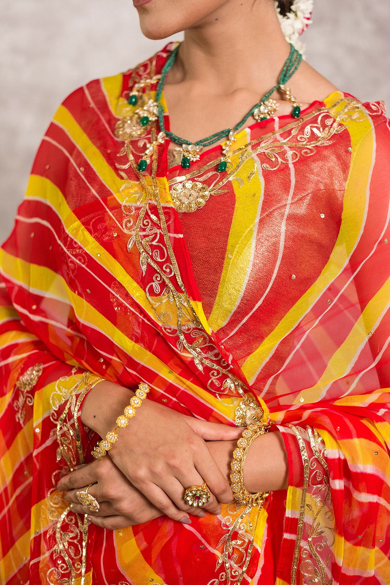 Orange lehariya Pure Georgette 20 Gsm aari sequins  border butti handwork traditional wear saree