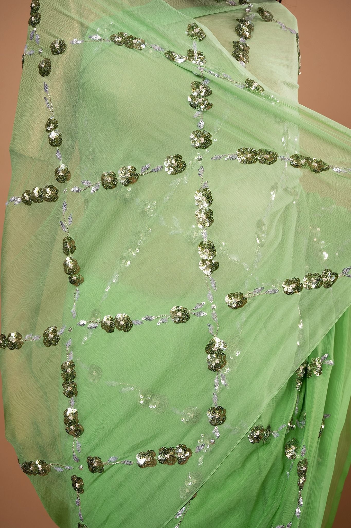 parrot green light dark pure chiffon sequins  jaal handwork saree