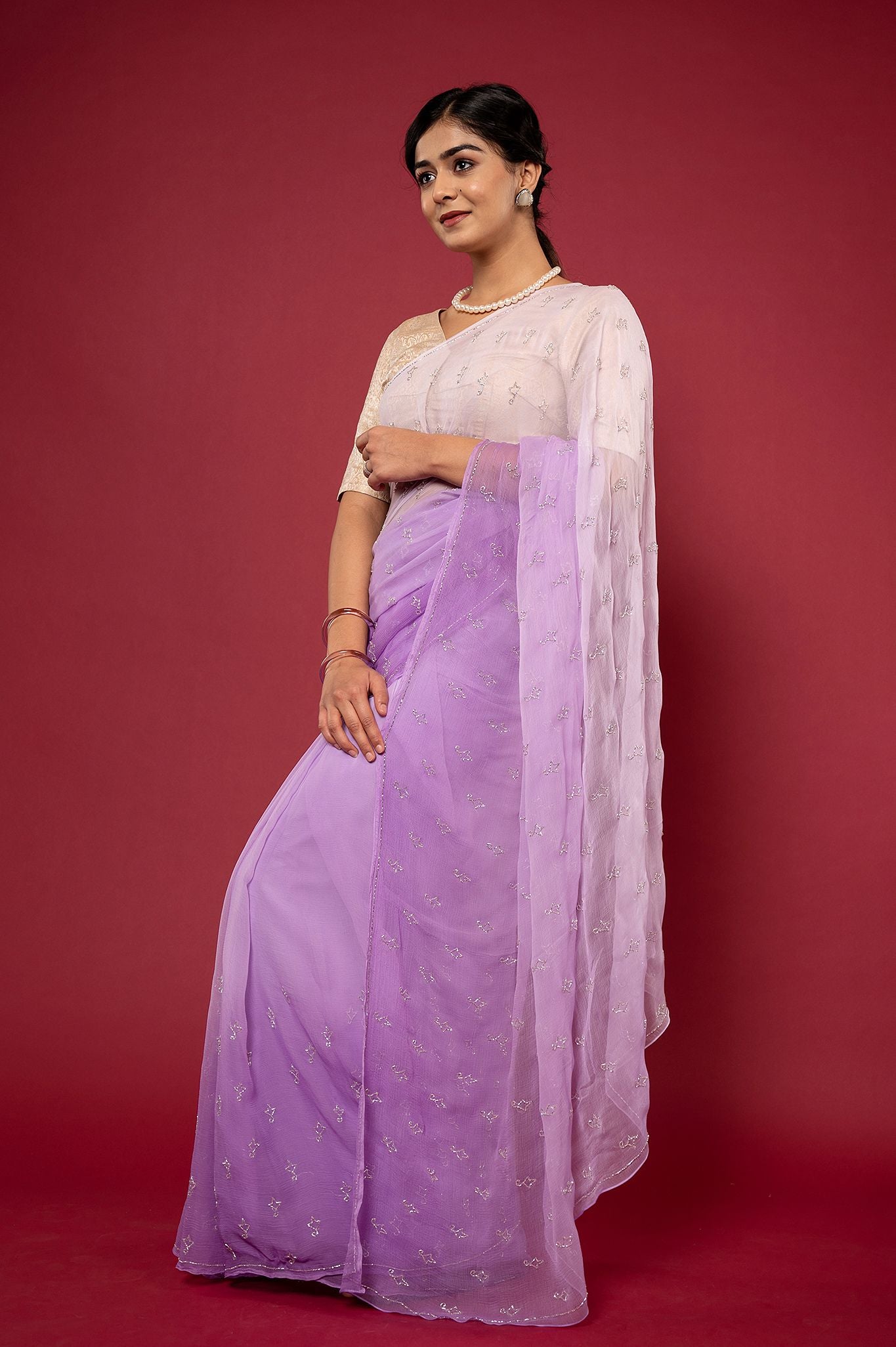 Lavender light dark viscose chiffon kardana motif handwork casual wear saree