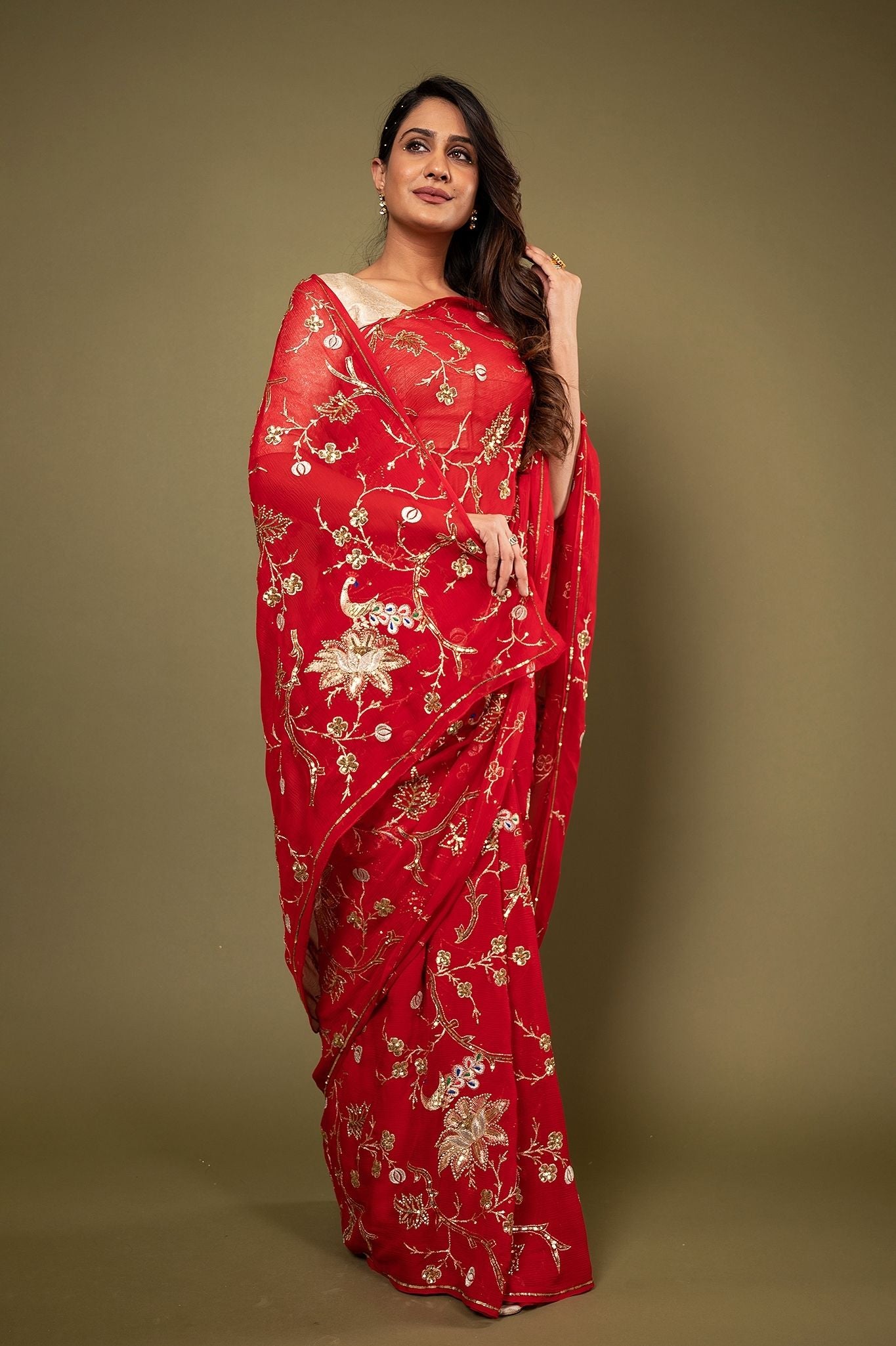 red pure chiffon aari sequins  jaal handwork saree