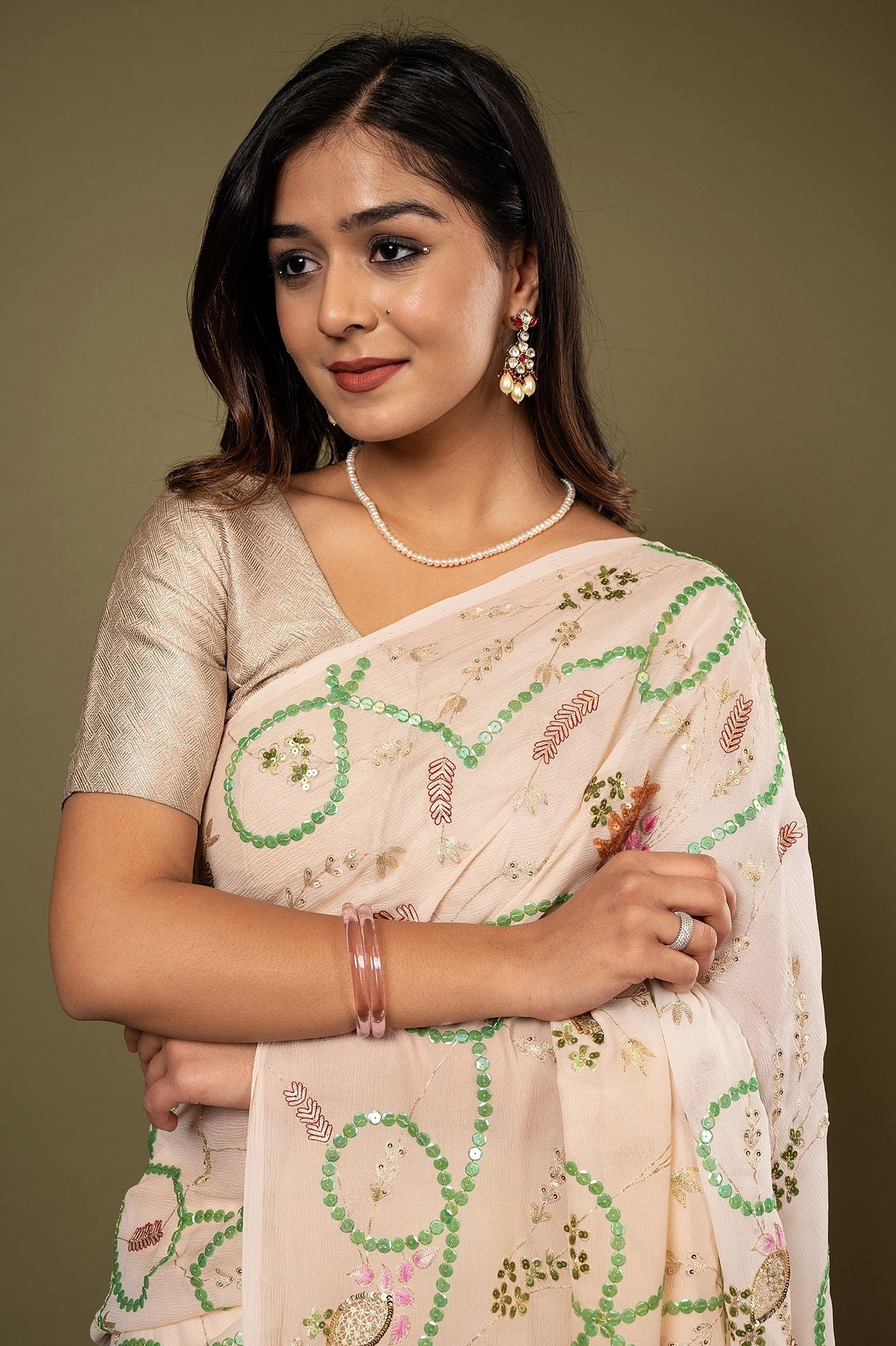 Cream Pure chiffon sequins  aari resham jaal handwork saree