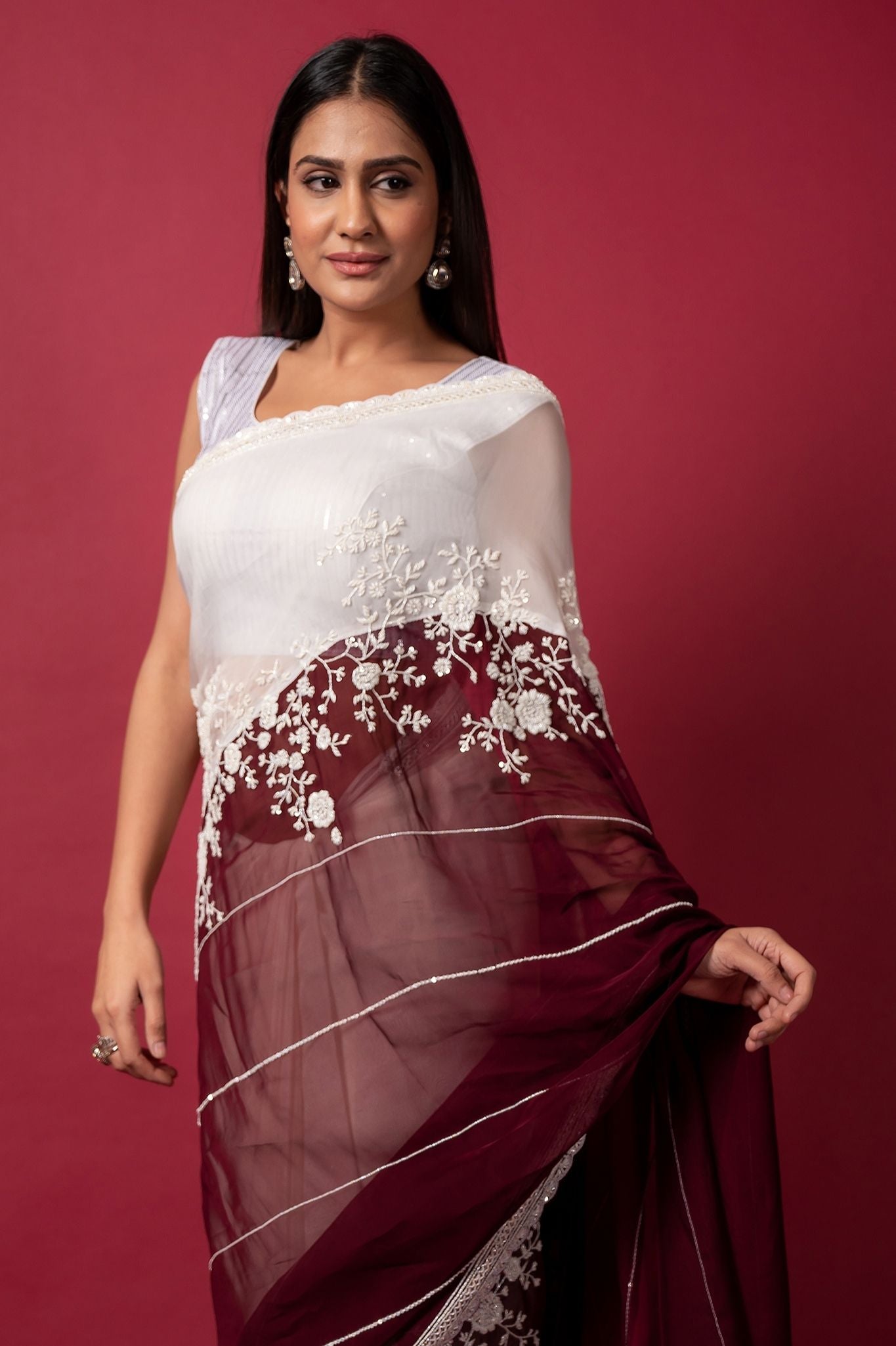 white wine organza  pearl sequins handwork saree