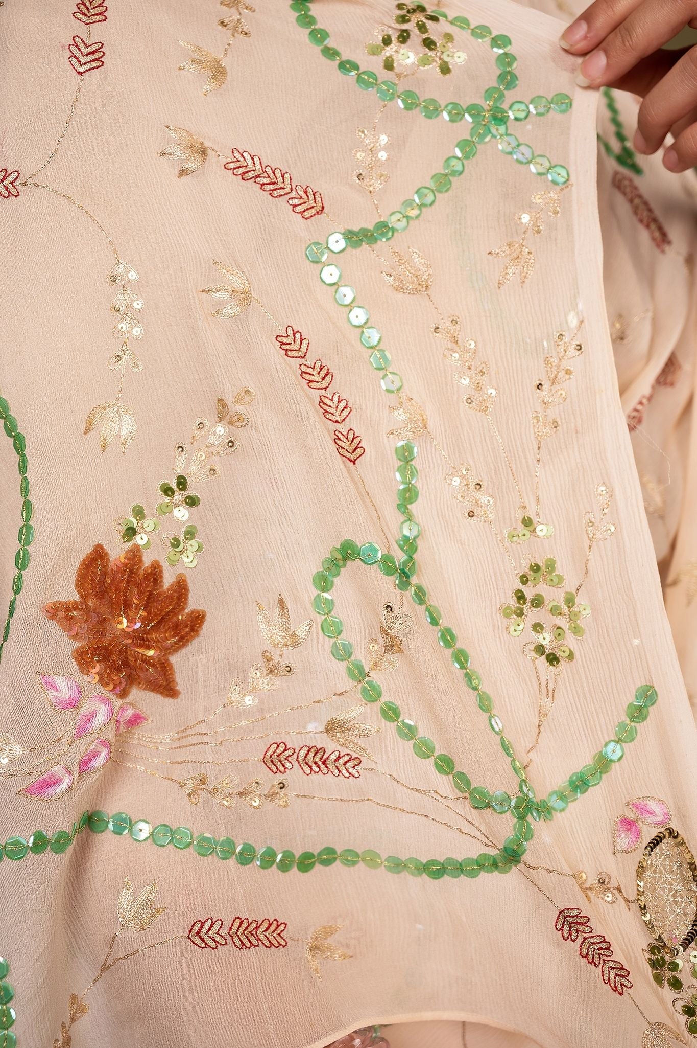 Cream Pure chiffon sequins  aari resham jaal handwork saree