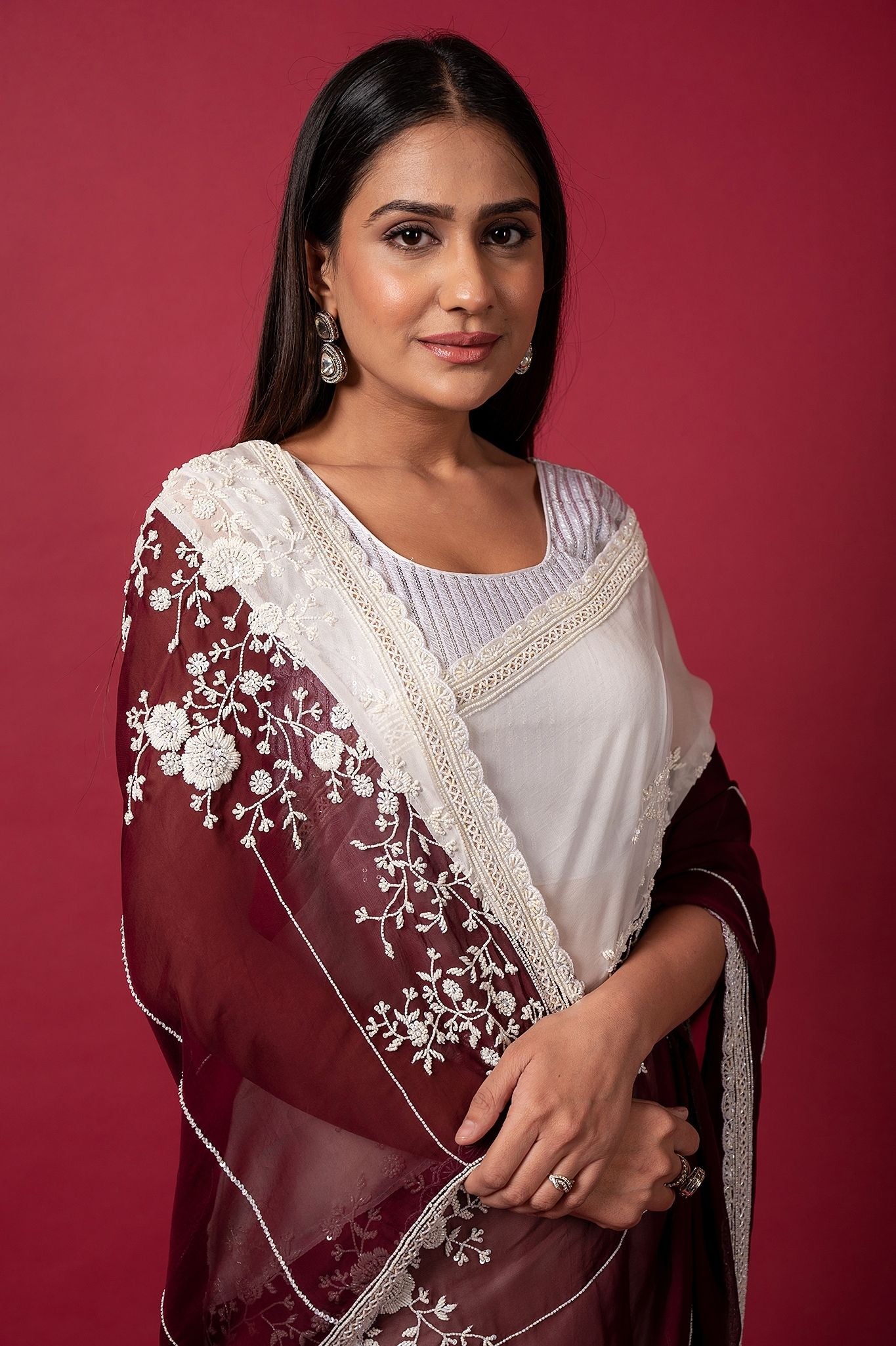 white wine organza  pearl sequins handwork saree