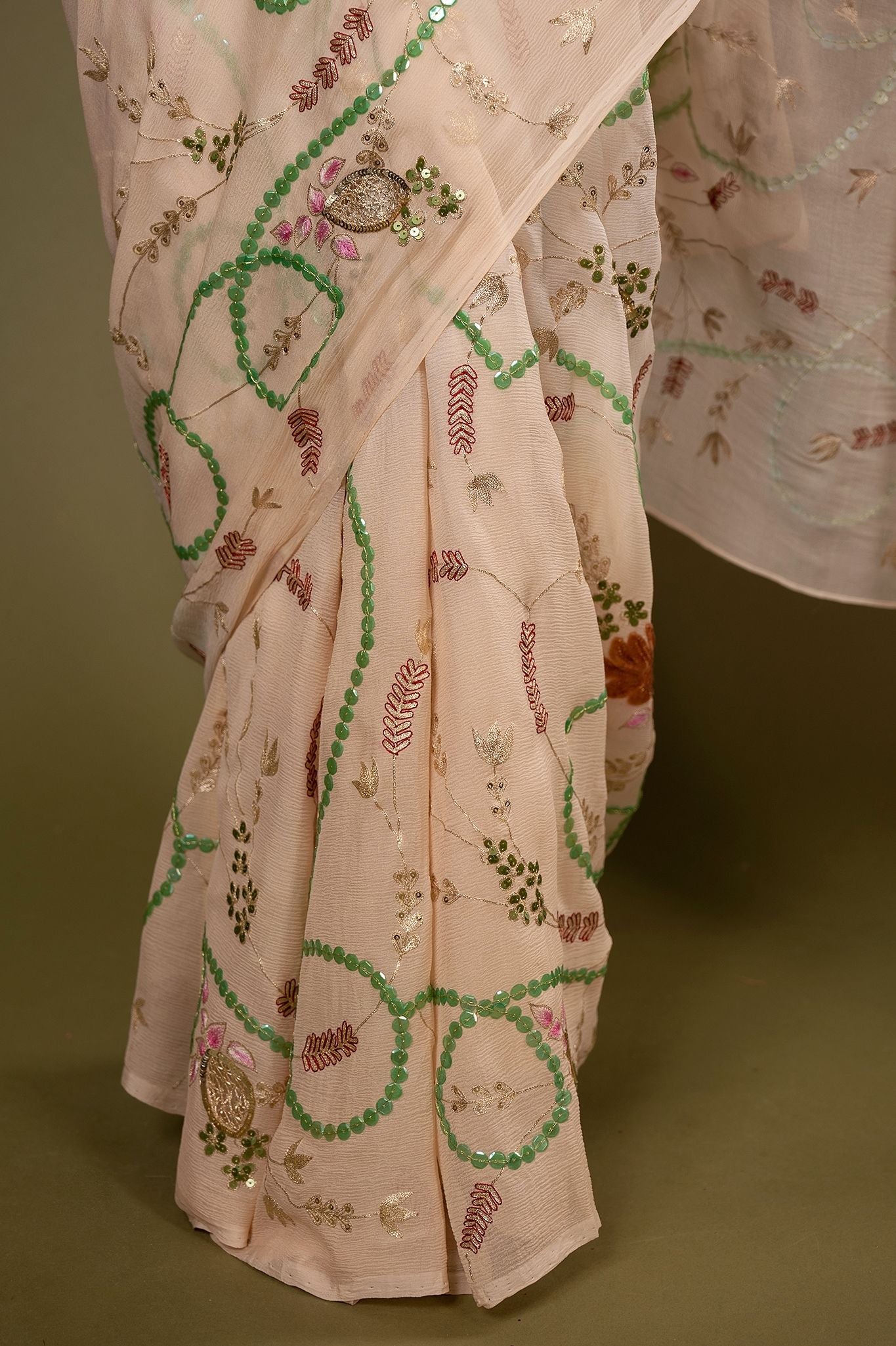 Cream Pure chiffon sequins  aari resham jaal handwork saree