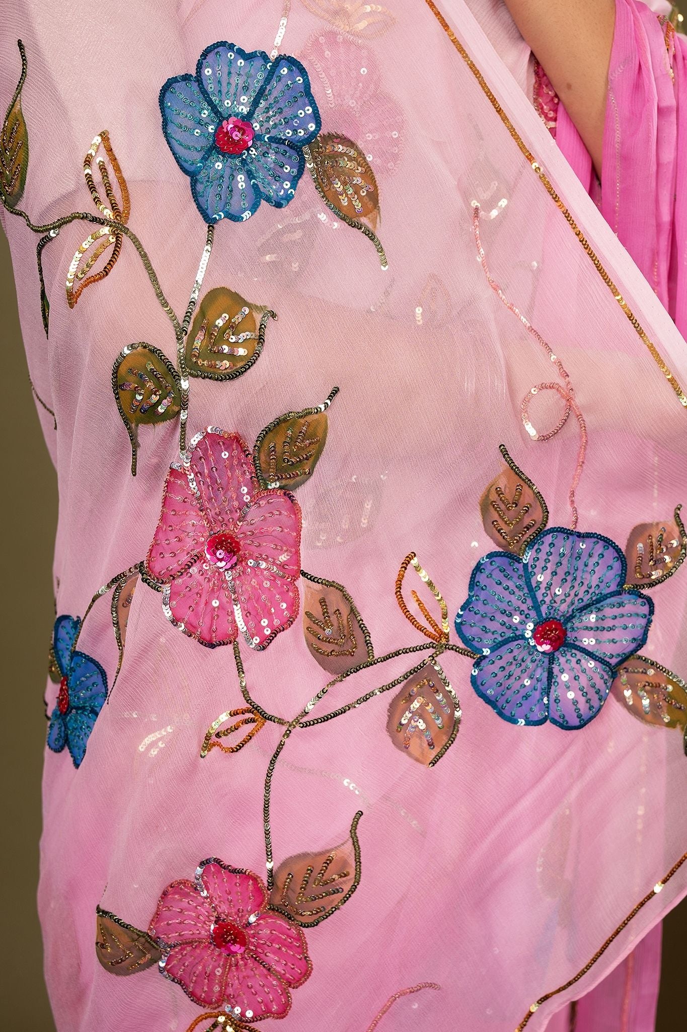 Pink light dark pure chiffon sequins resham handpainting highlight handwork saree