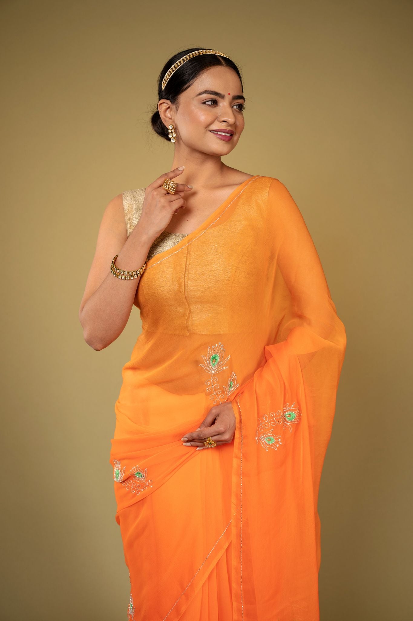 Orange viscose chiffon Kardana Resham Motif handwork casual wear saree