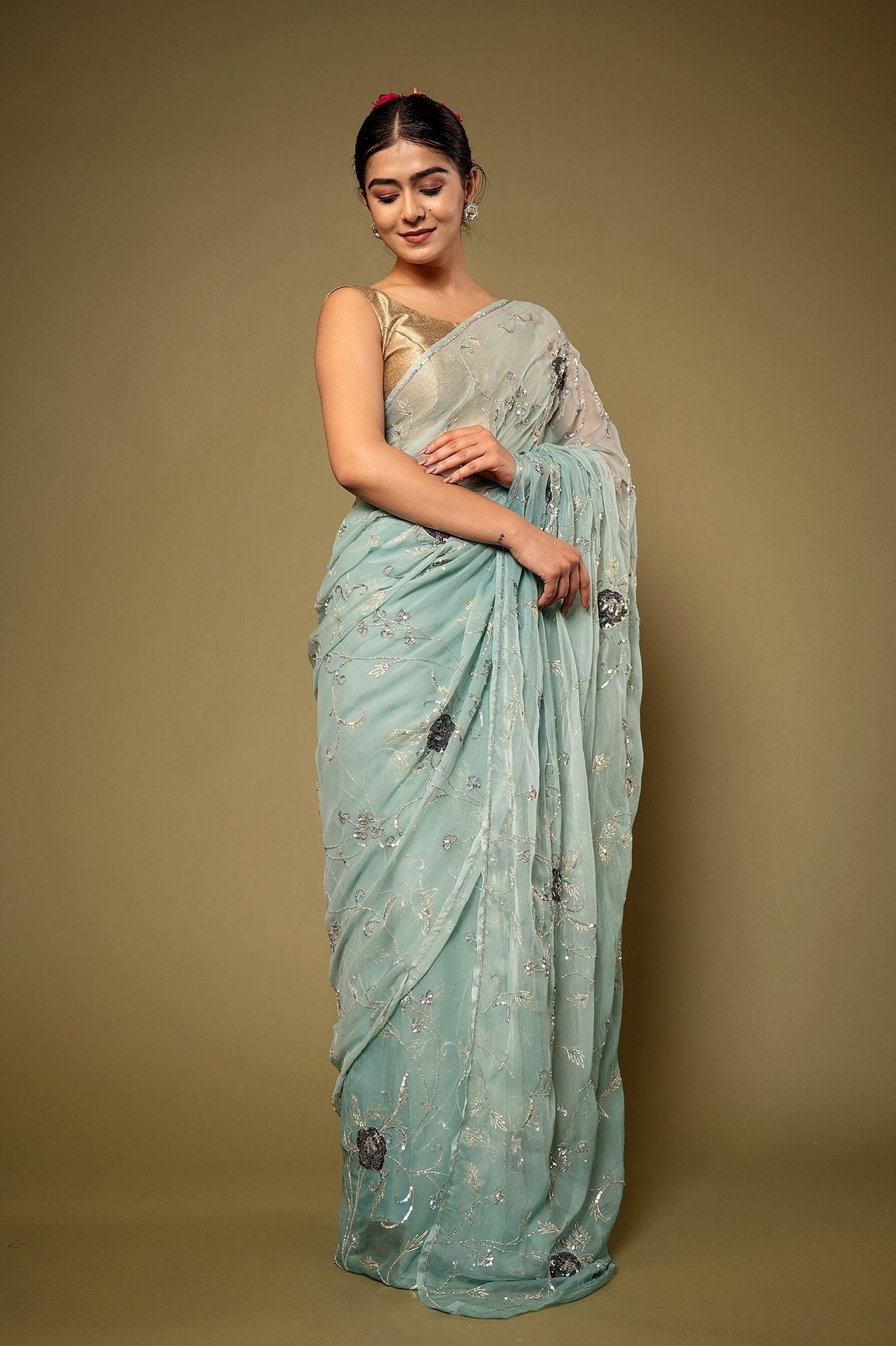 Sky Blue Viscose Chiffon Aari sequins  Jaal handwork party wear Saree