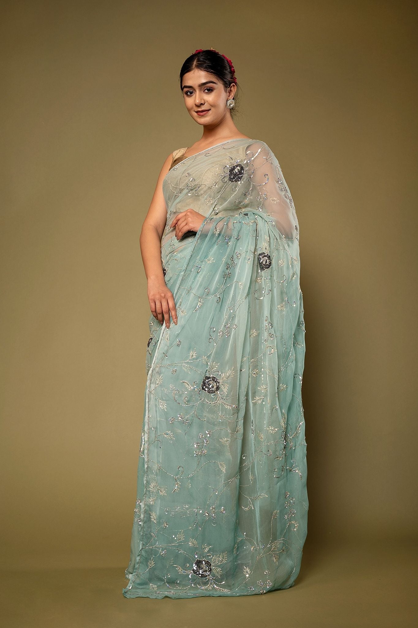 Sky Blue Viscose Chiffon Aari sequins  Jaal handwork party wear Saree