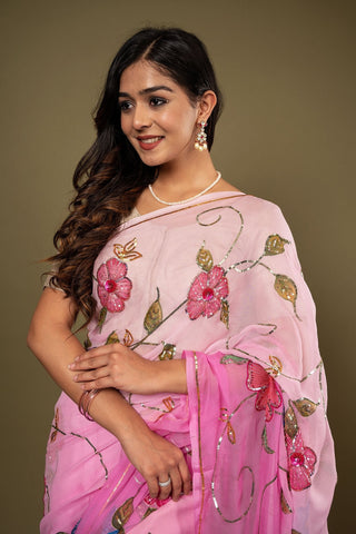 Pure Chiffon Handpainted Siquin Work Saree