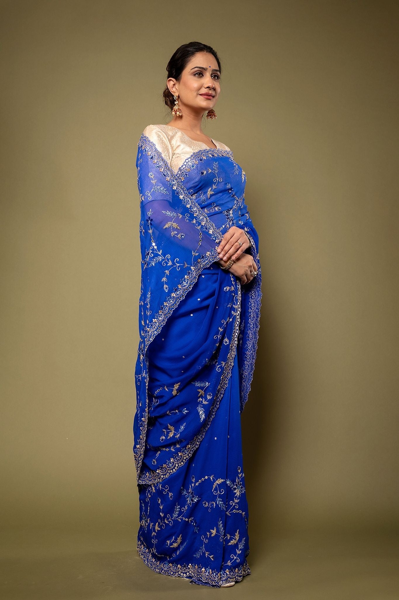 Royal Blue Viscose Chiffon Aari sequins  border jaal handwork party wear Saree