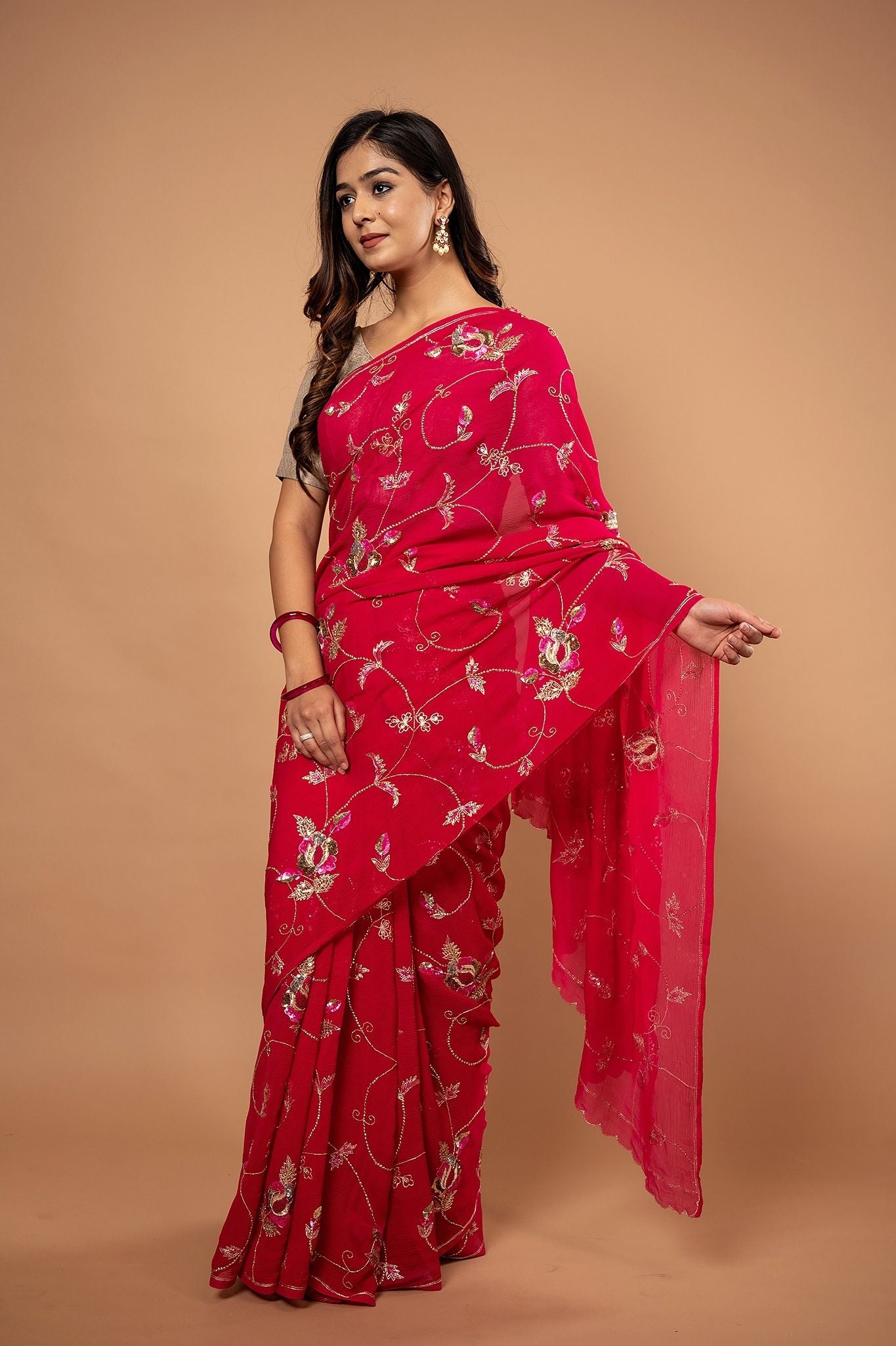 Red pure chiffon aari sequins zardozi jaal handwork saree