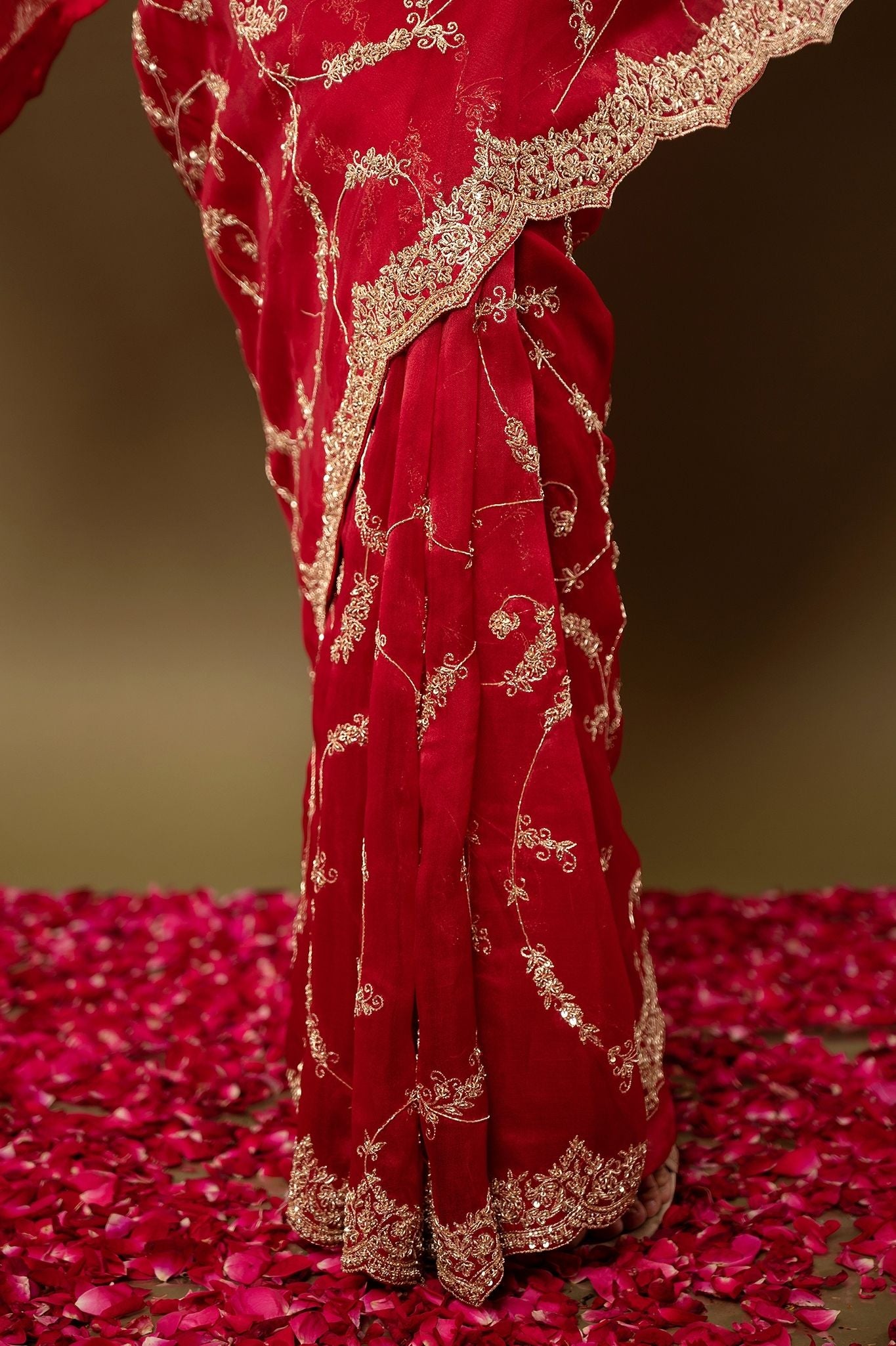 red pure organza Dapka Zardozi border butti jaal handwork saree