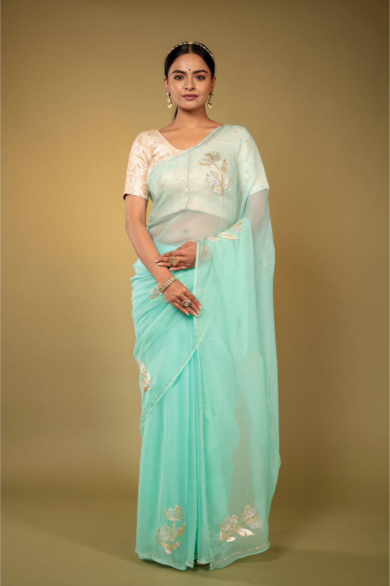 Sea Green Viscose Chiffon aari sequins  motif handwork party wear saree