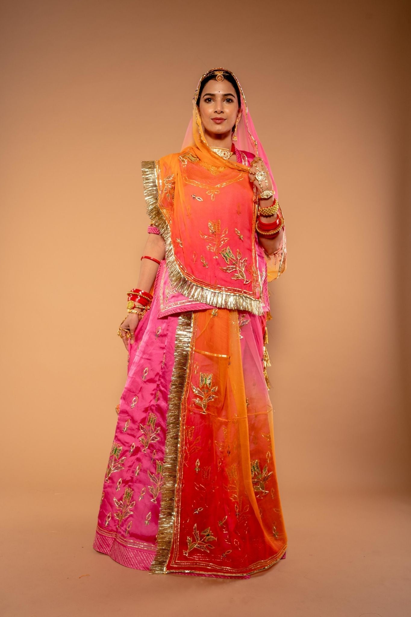 pink bamber satin sikhiya gota handwork poshak with pure odhna