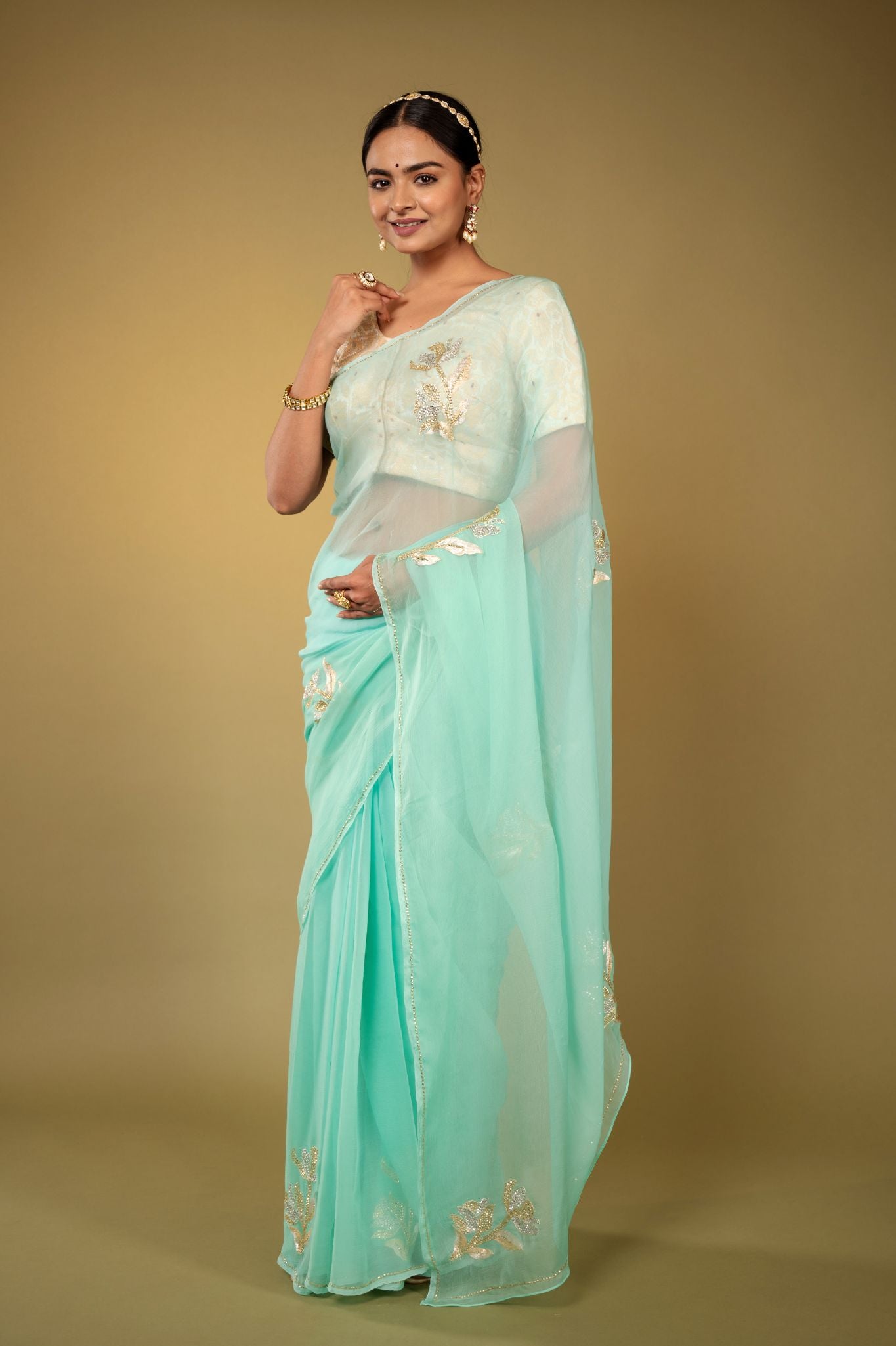 Sea Green Viscose Chiffon aari sequins  motif handwork party wear saree