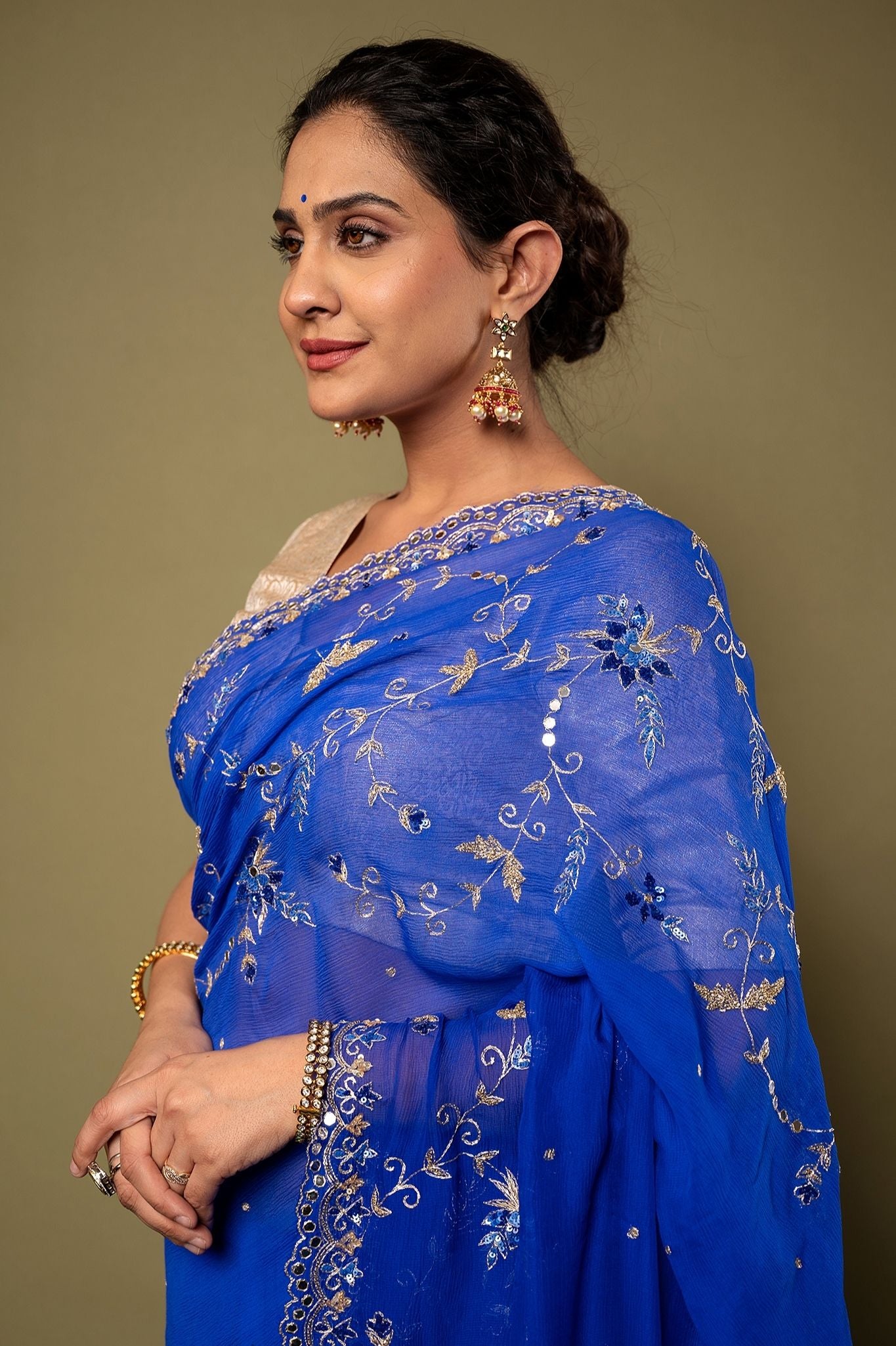 Royal Blue Viscose Chiffon Aari sequins  border jaal handwork party wear Saree