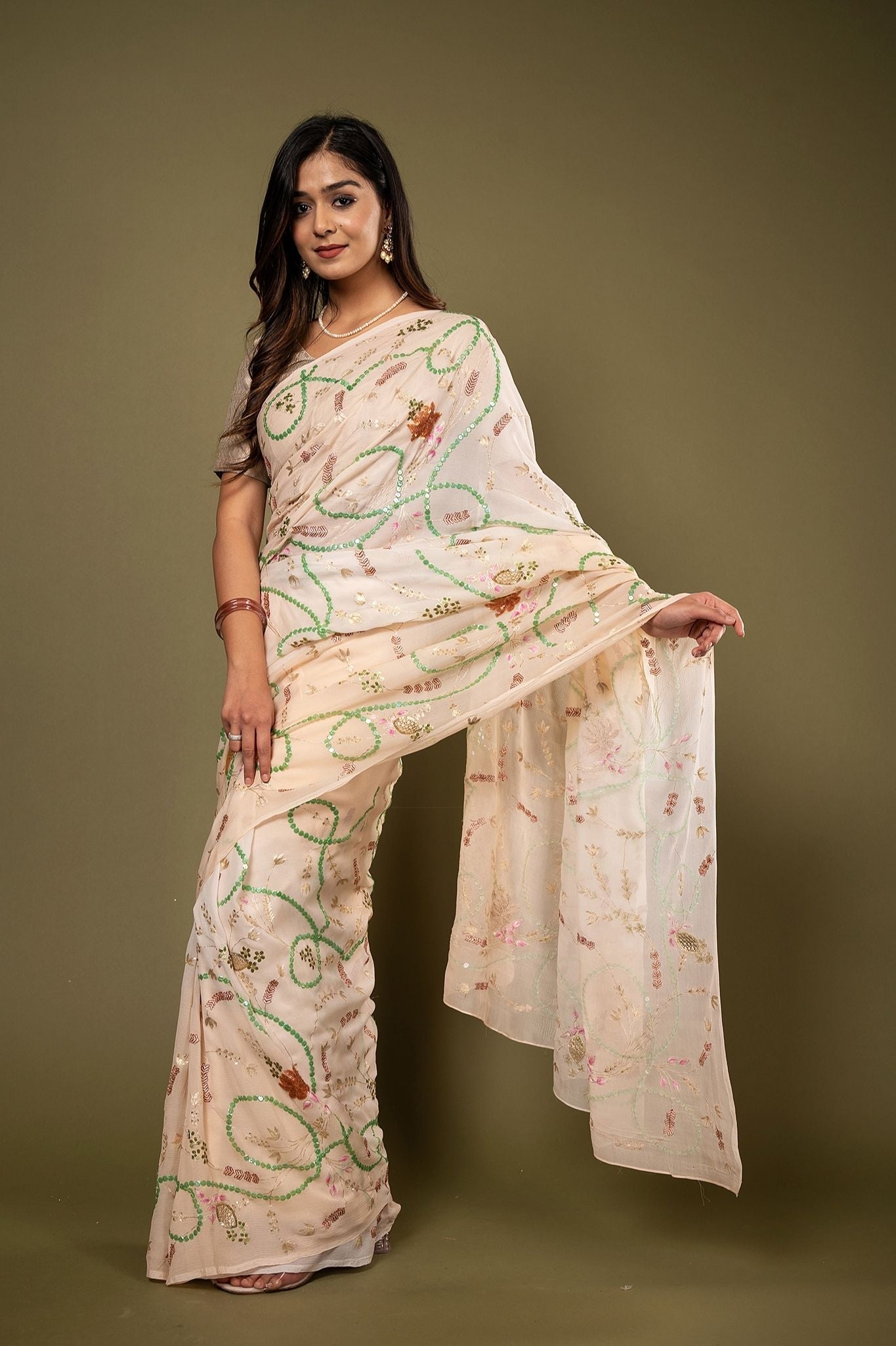 Cream Pure chiffon sequins  aari resham jaal handwork saree