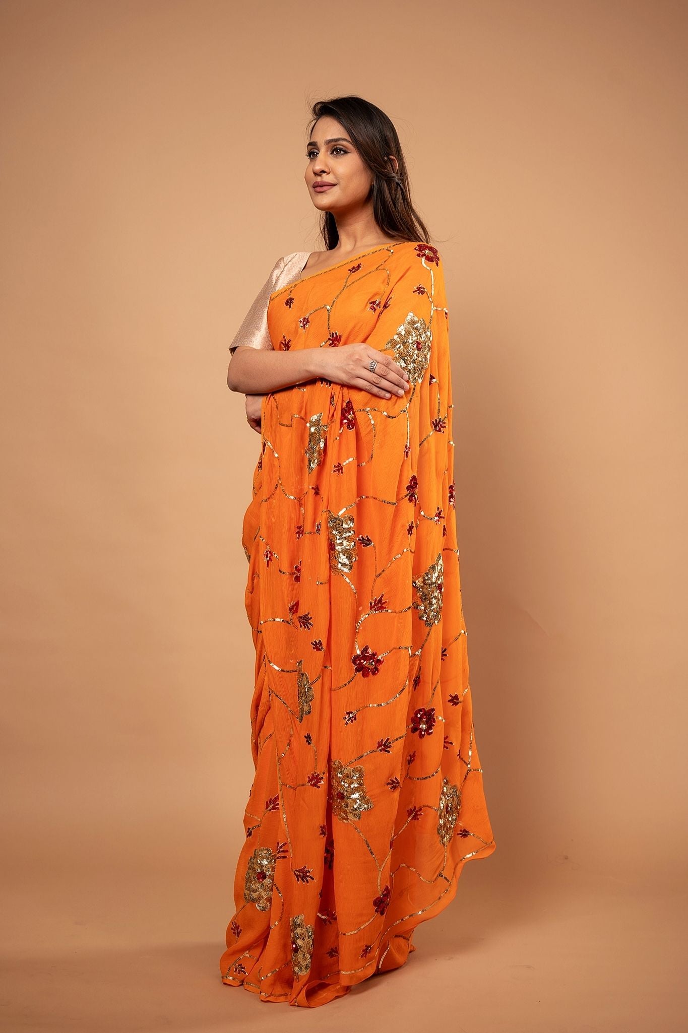 Orange pure chiffon sequins jaal handwork saree
