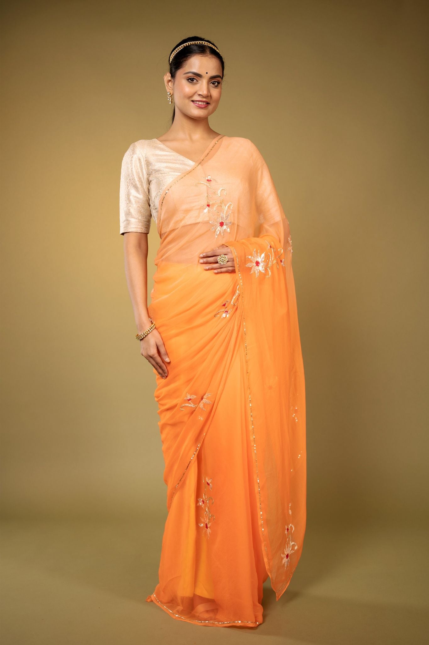 Peach viscose chiffon aari sequins  motif handwork casual wear saree