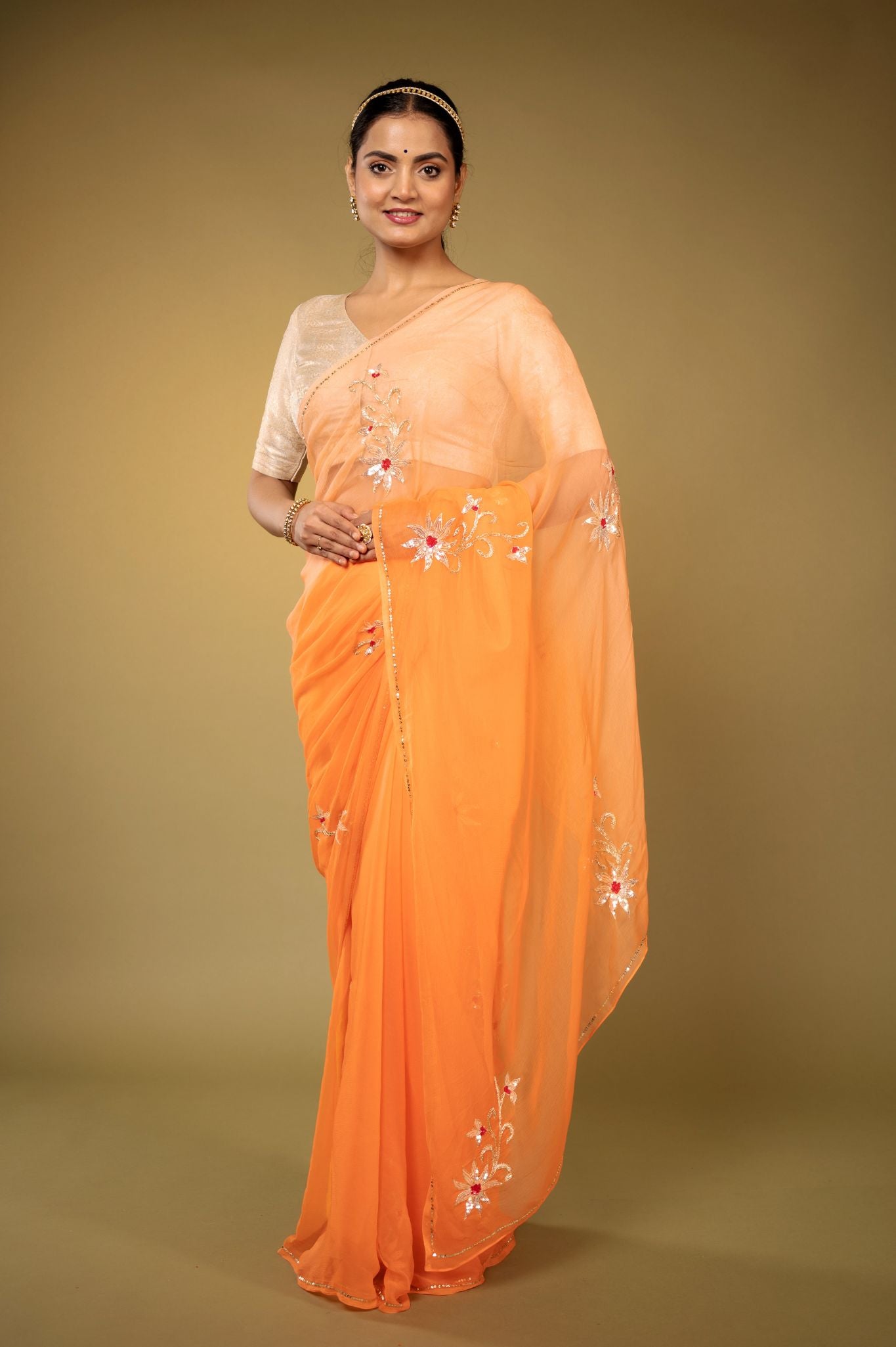 Peach viscose chiffon aari sequins  motif handwork casual wear saree