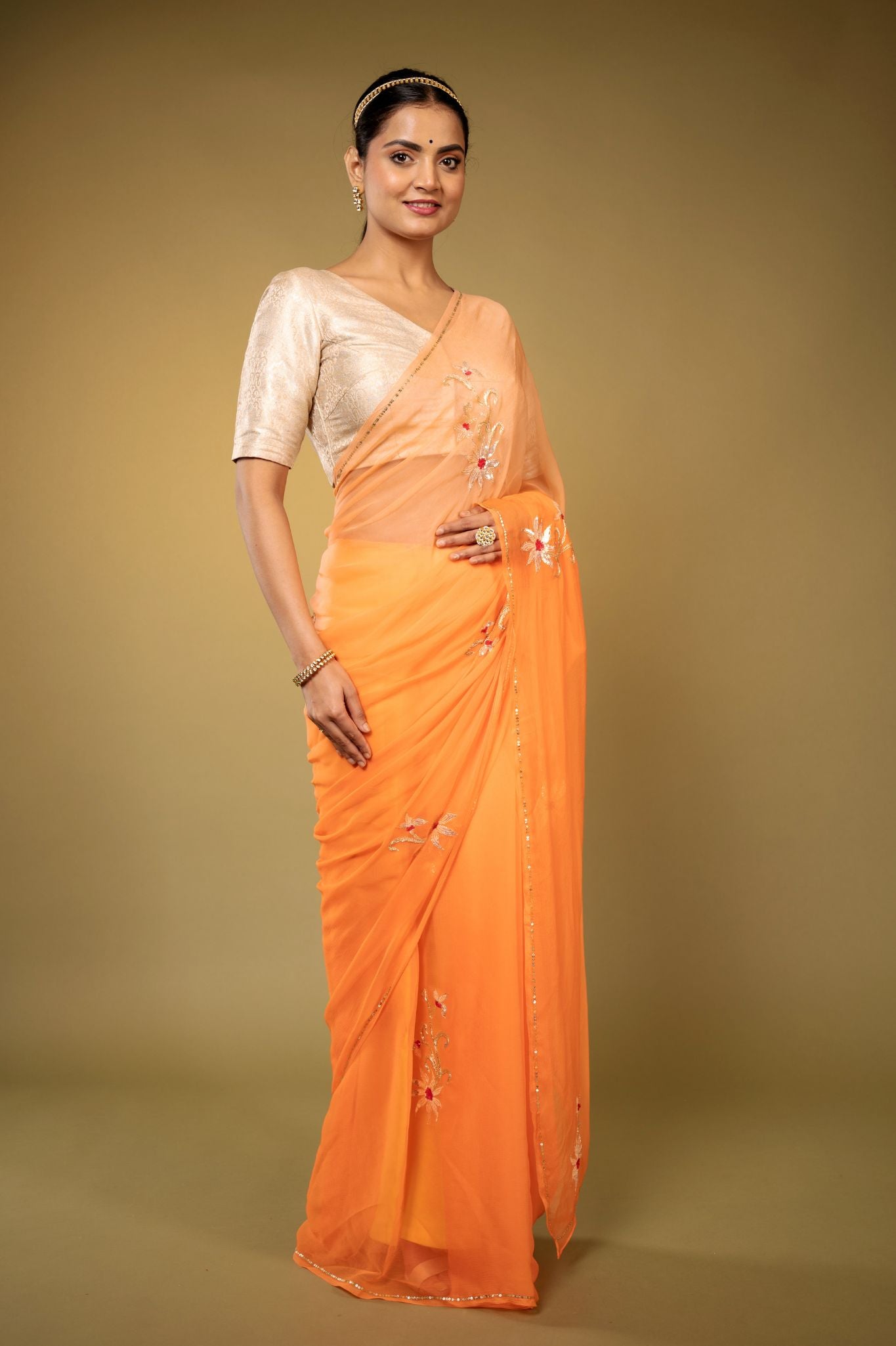 Peach viscose chiffon aari sequins  motif handwork casual wear saree